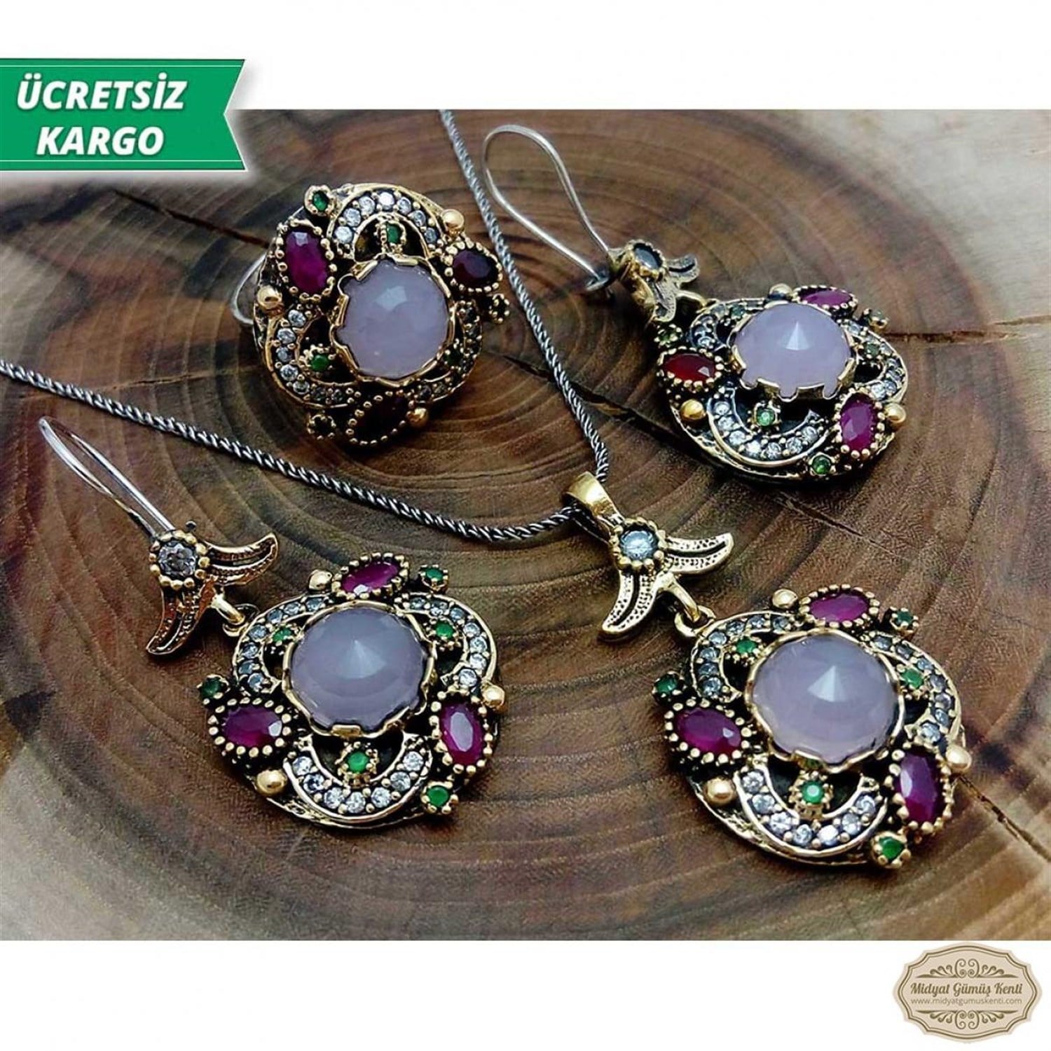 Pembe Kuvars Taşlı Lale Model Bayan Otantik Gümüş Takı Seti