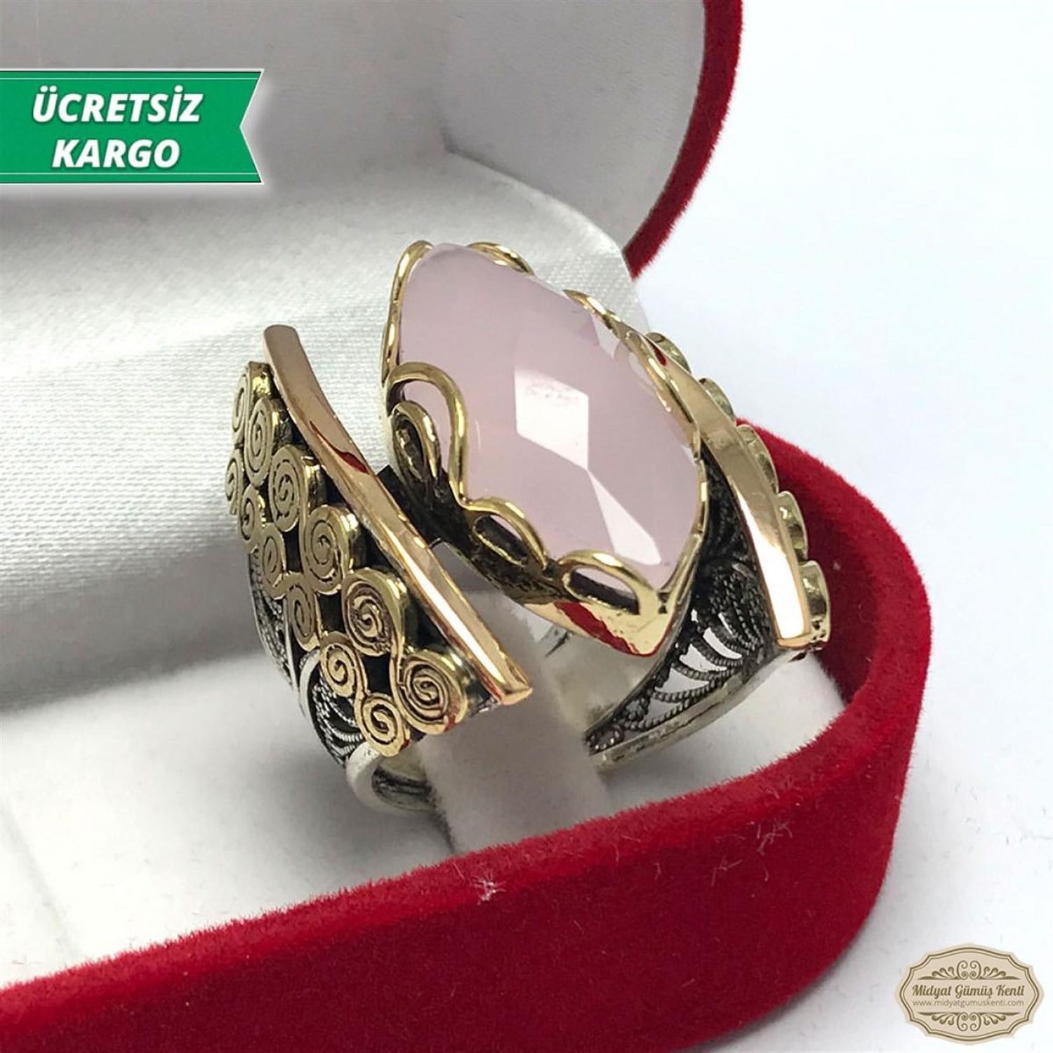 Pembe Kuvars Taşlı Midyat Telkari Bayan Gümüş Yüzük