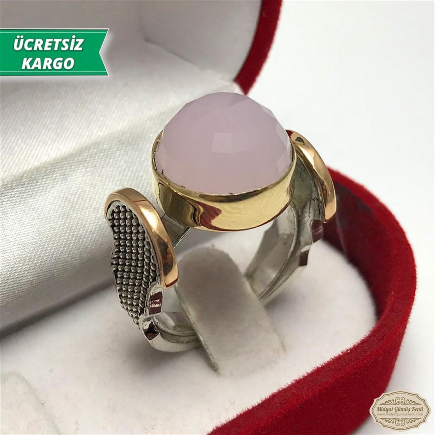Pembe Kuvars Taşlı Midyat Telkari Bayan Gümüş Yüzük