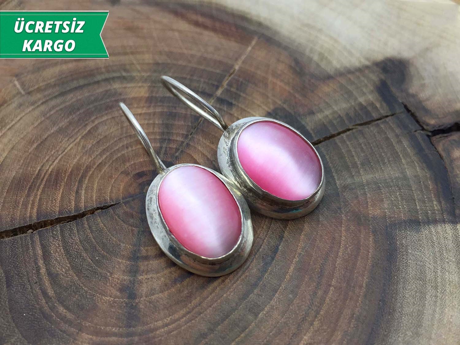 Pembe Kuvars Taşlı Otantik Gümüş Bayan Küpe