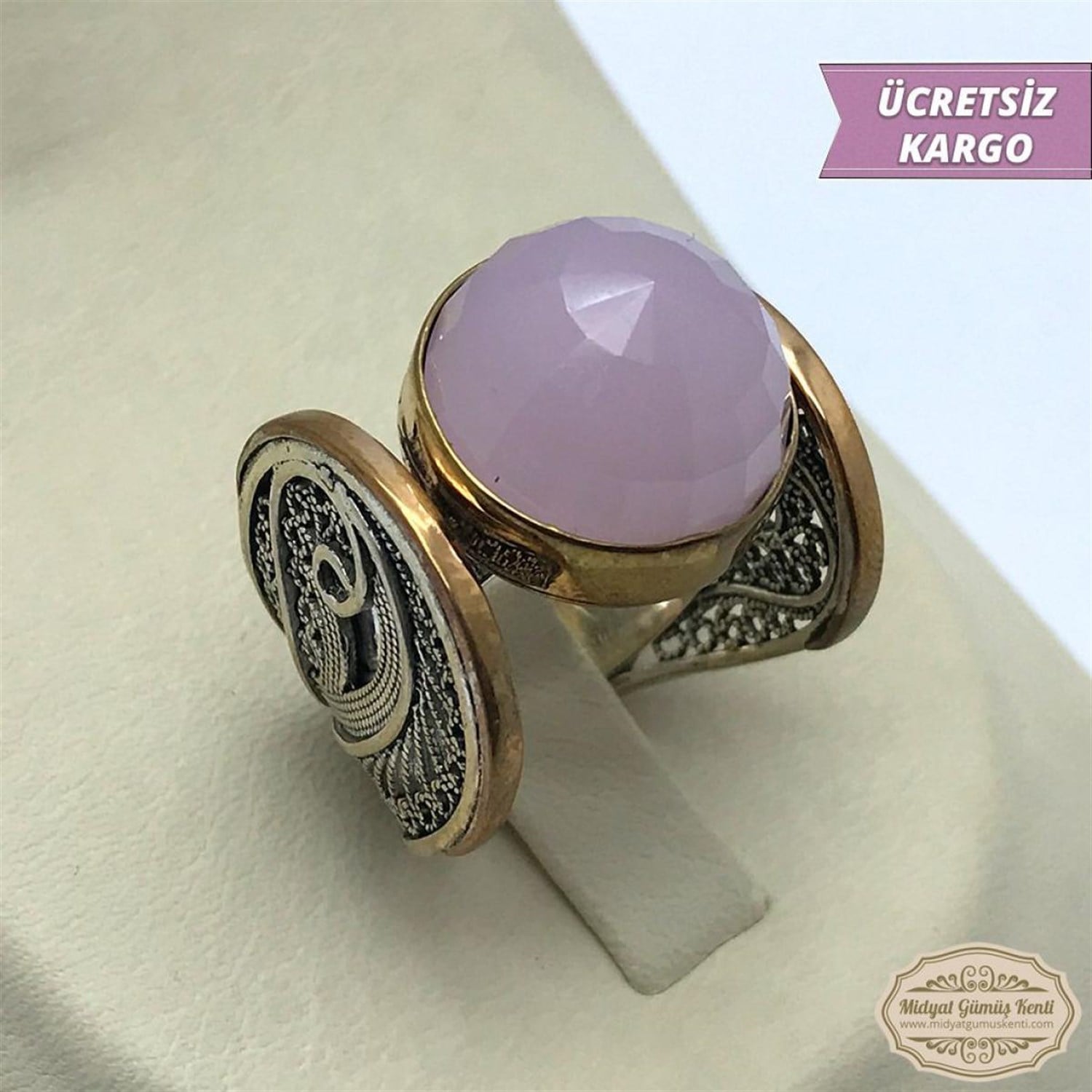 Pembe Kuvars Taşlı Sarmaşık Model 925 Ayar Otantik Bayan Gümüş Yüzük