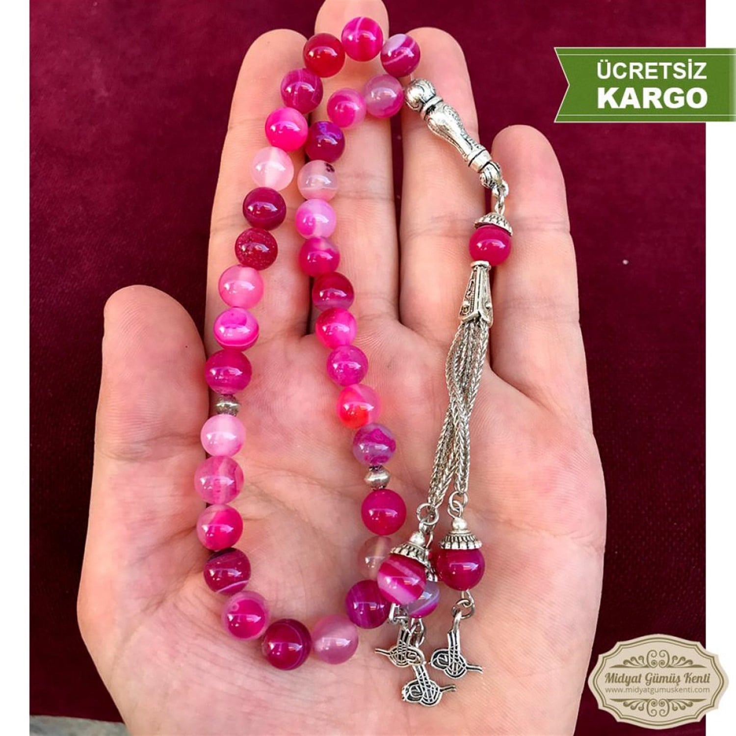 Pembe Renkli Akik Taşlı Küre Kesim Doğal Taşlı Tesbih