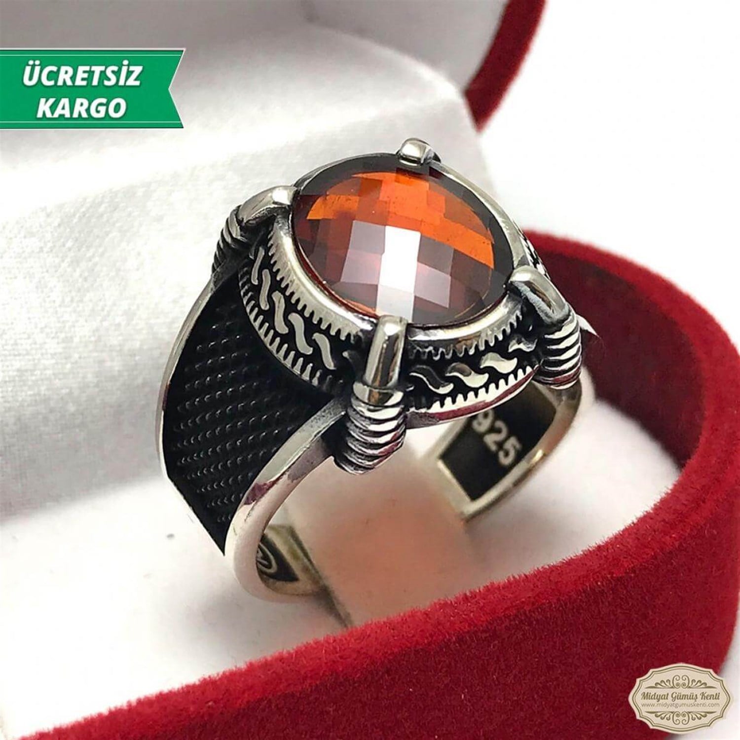 Pençe Model Kırmızı Sıtrin Taşlı Erkek Gümüş Yüzük