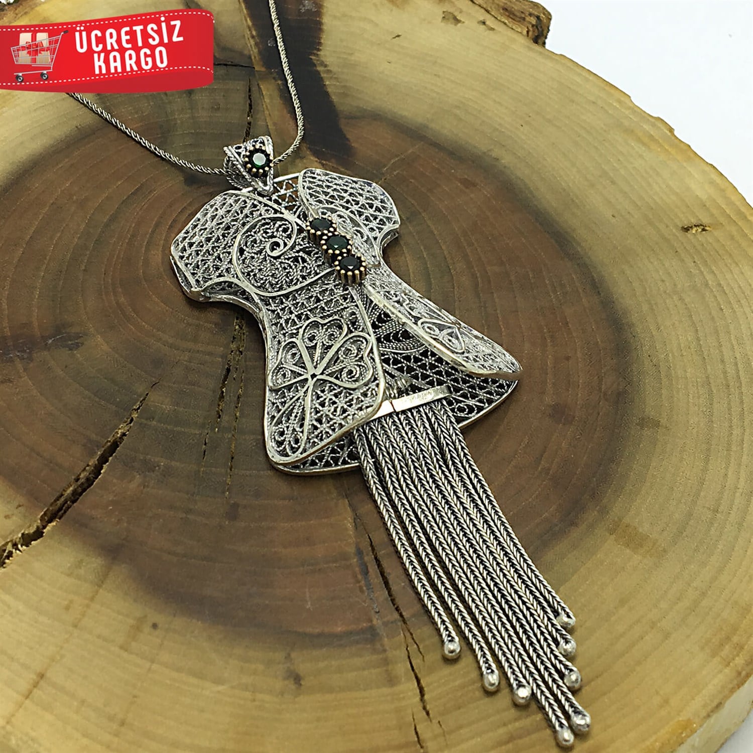 Püsküllü Kaftan Tasarım 925 Ayar Telkari Bayan Gümüş Kolye