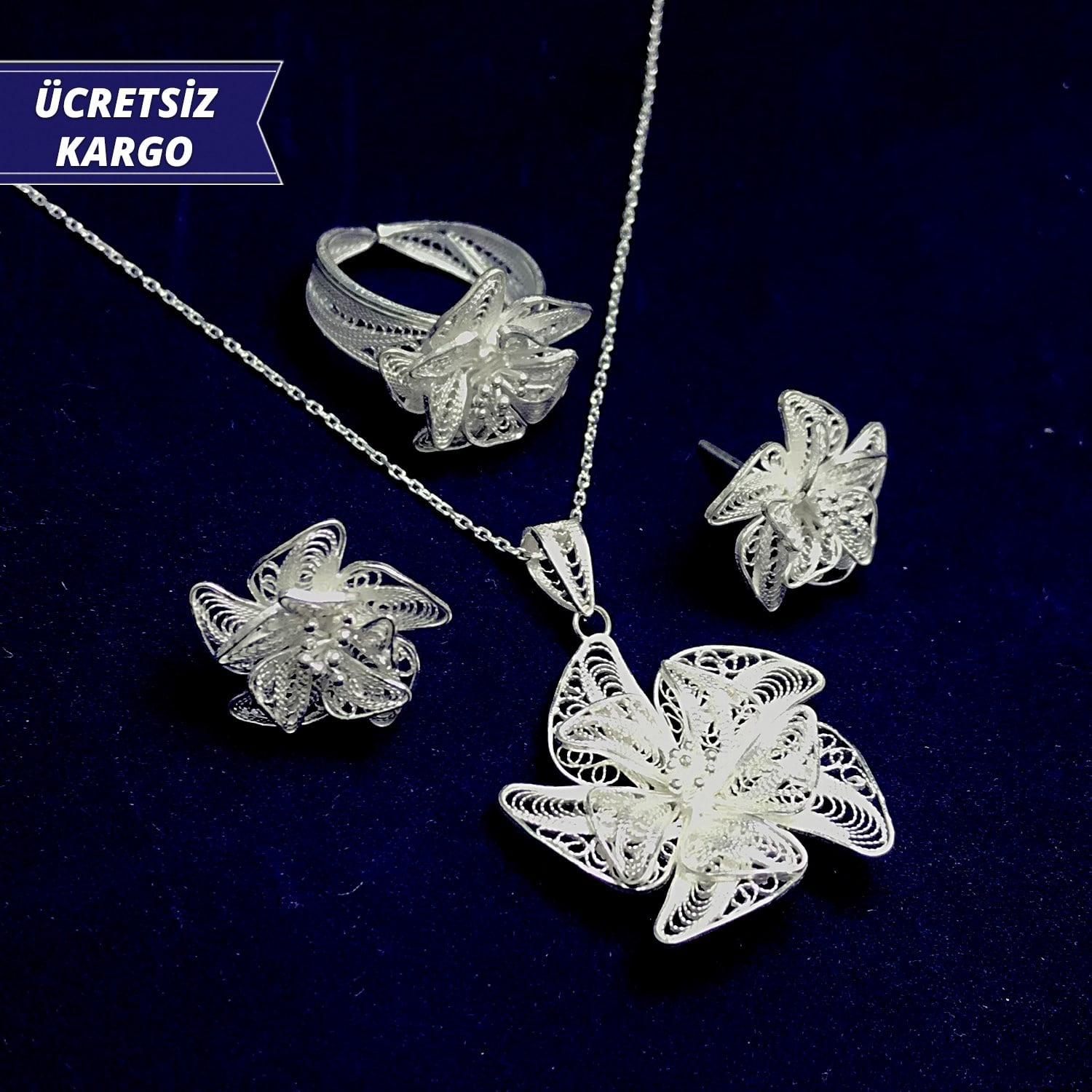 Rüzgar Gülü Model 925 Ayar Telkari Bayan Gümüş Üçlü Set