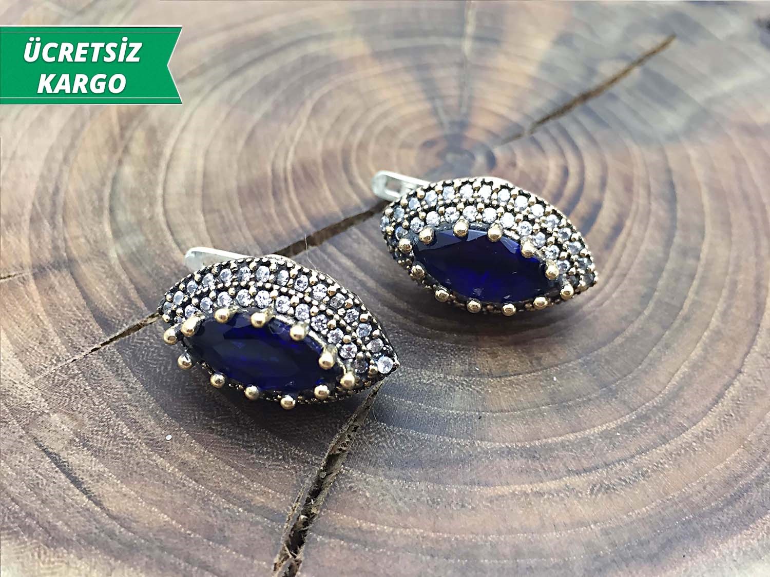 Safir Taşlı 925 Ayar Gümüş Bayan Otantik Küpe