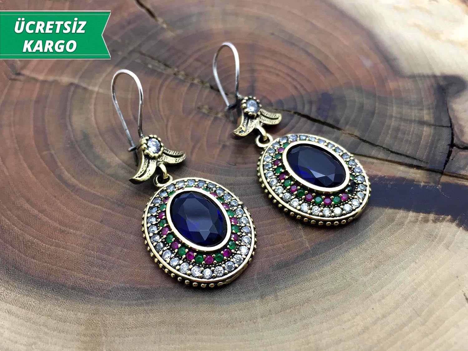 Safir Taşlı 925 Ayar Gümüş Bayan Otantik Küpe