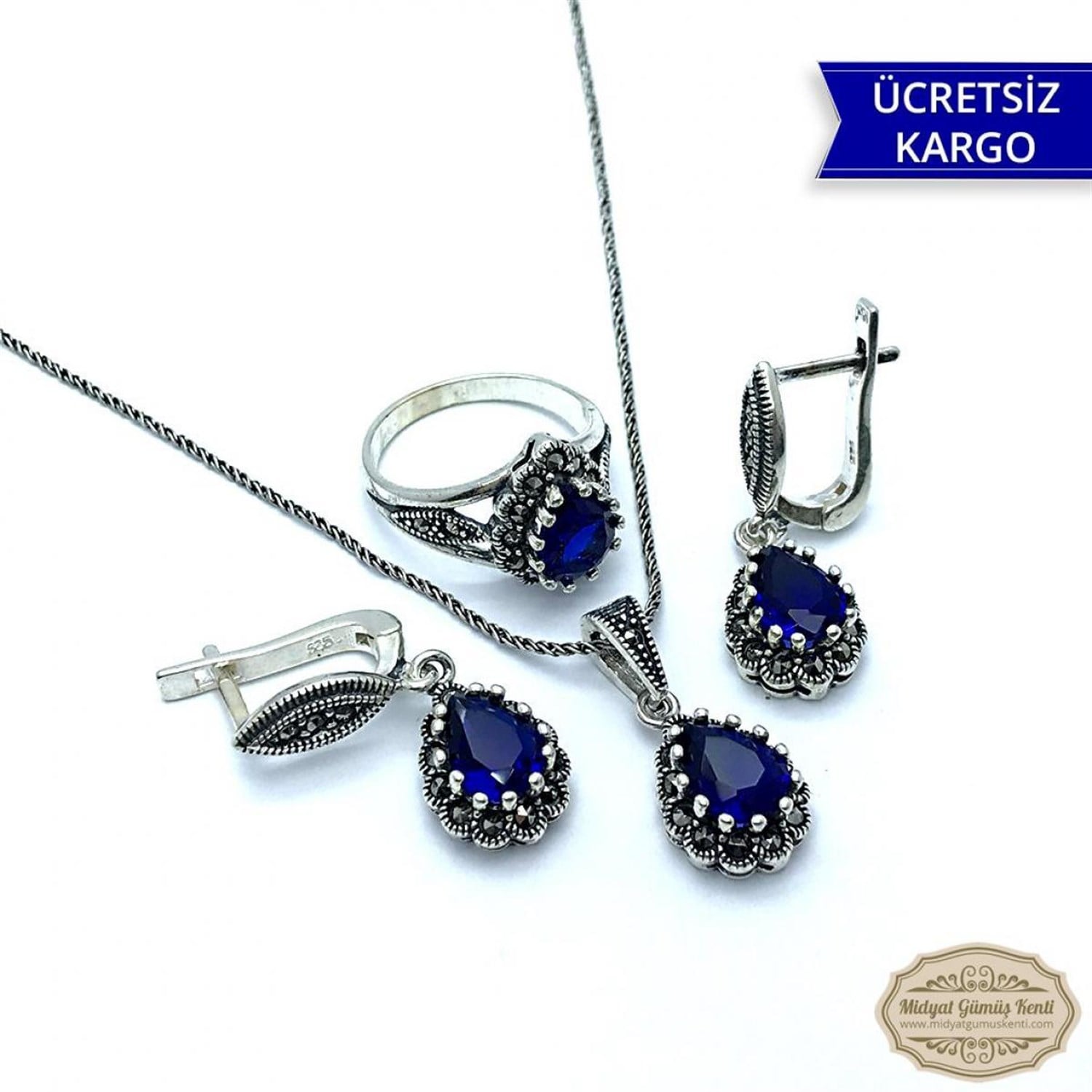 Safir Taşlı Damla Model Markazit Gümüş Üçlü Set