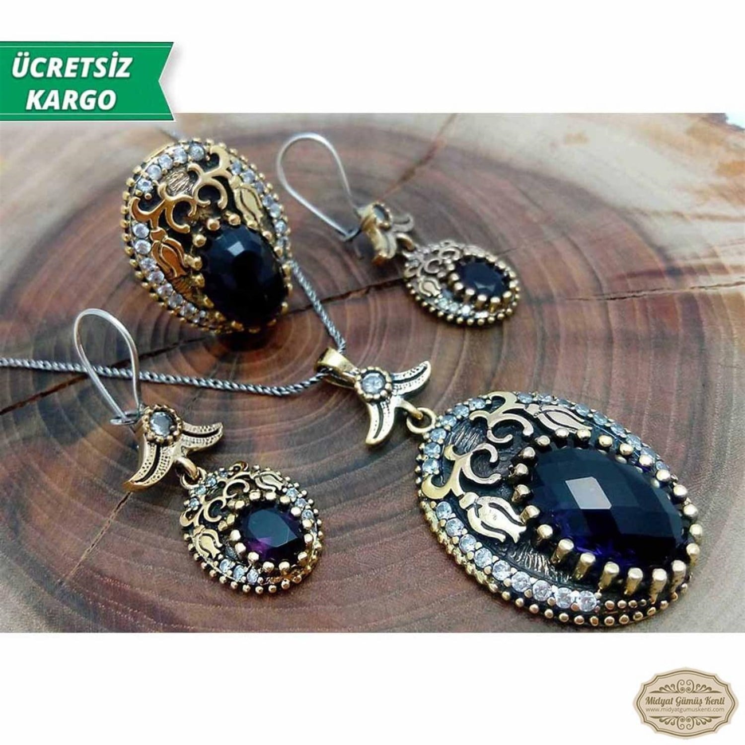 Safir Taşlı Lale Model Bayan Otantik Gümüş Takı Seti