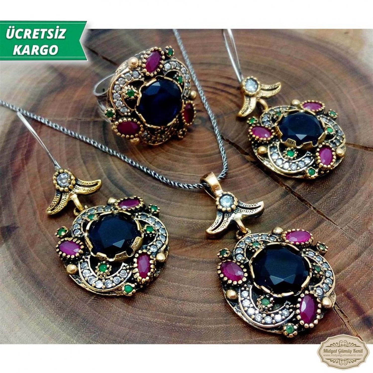Safir Taşlı Lale Model Bayan Otantik Gümüş Takı Seti