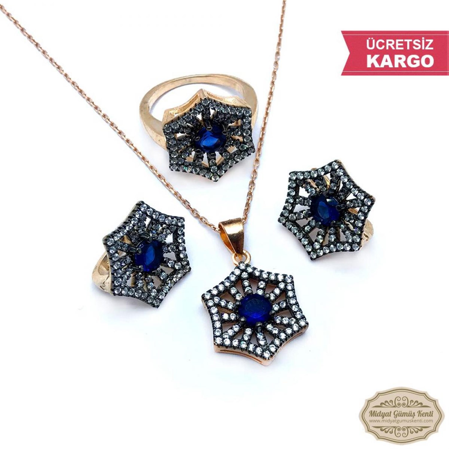 Safir Taşlı Rozlu Yıldız Model Bayan Gümüş Üçlü Set