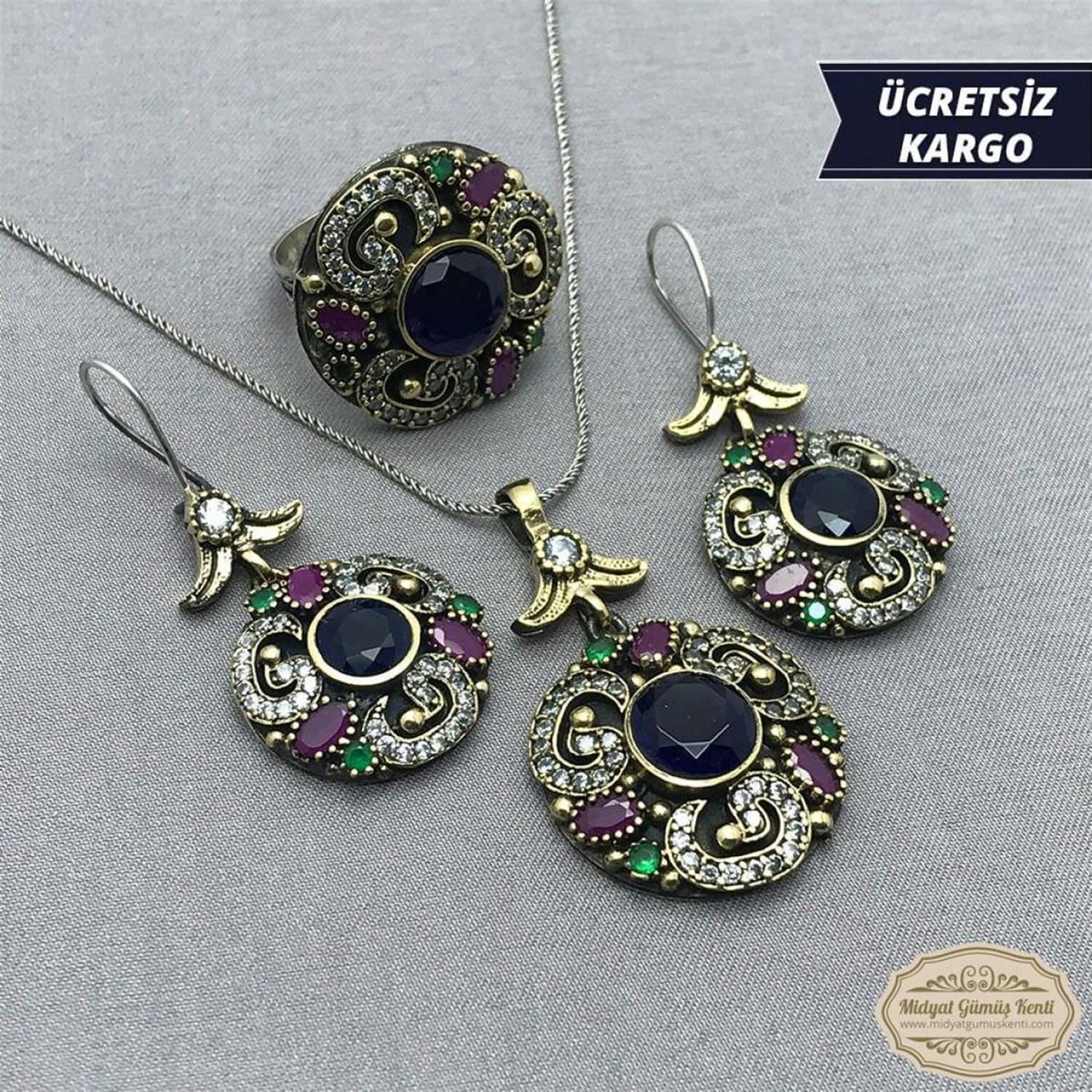Safir Taşlı Sırataş Model 925 Ayar Bayan Otantik Gümüş Üçlü Set