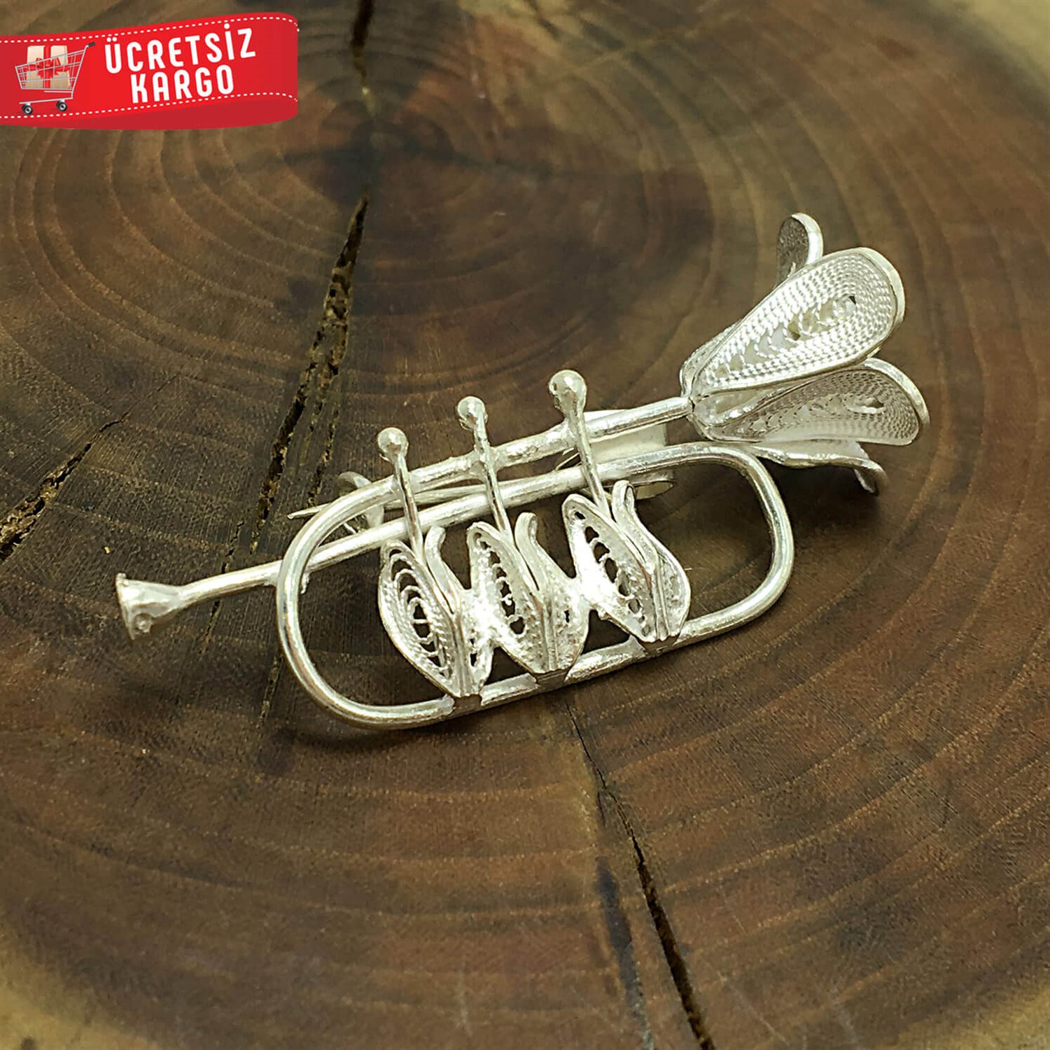 Saksafon Tasarım 925 Ayar Telkari Gümüş Broş