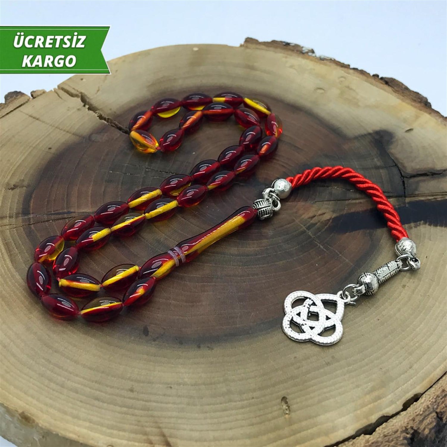 Sarı Kırmızı Hareli Ateş Toz Kehribar Tesbih