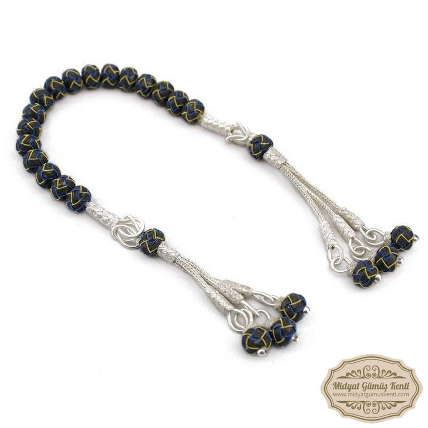 Sarı Lacivert Renkte 1000 Ayar El Örmesi Kazaziye Gümüş Tesbih