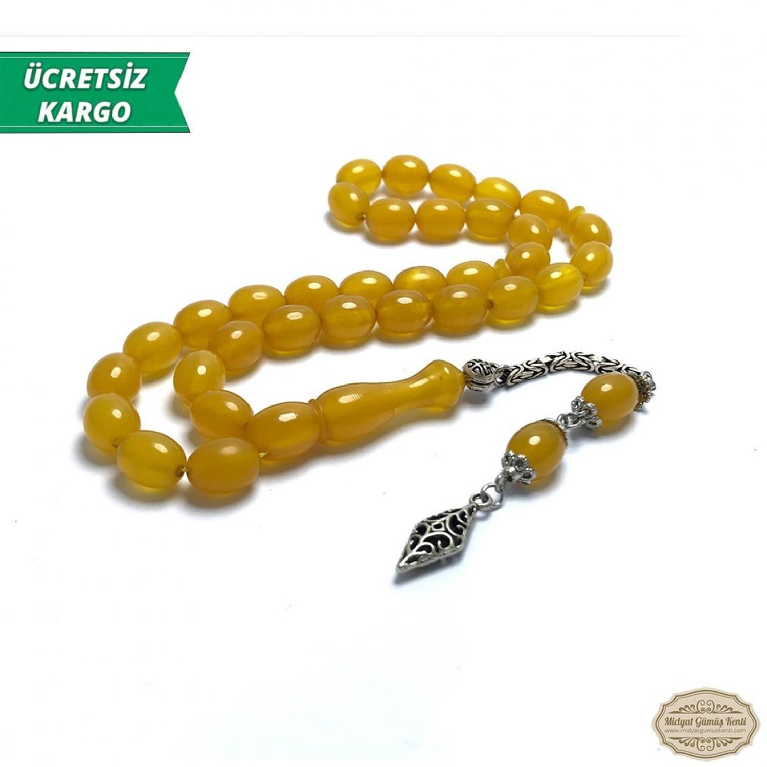 Sarı Renkte Beyzi Kesim Sıkma Kehribar Tesbih