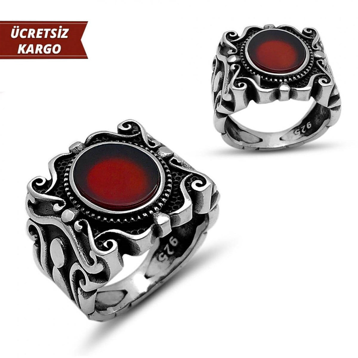 Sarmalı Model Akik Taşlı Erkek Gümüş Yüzük