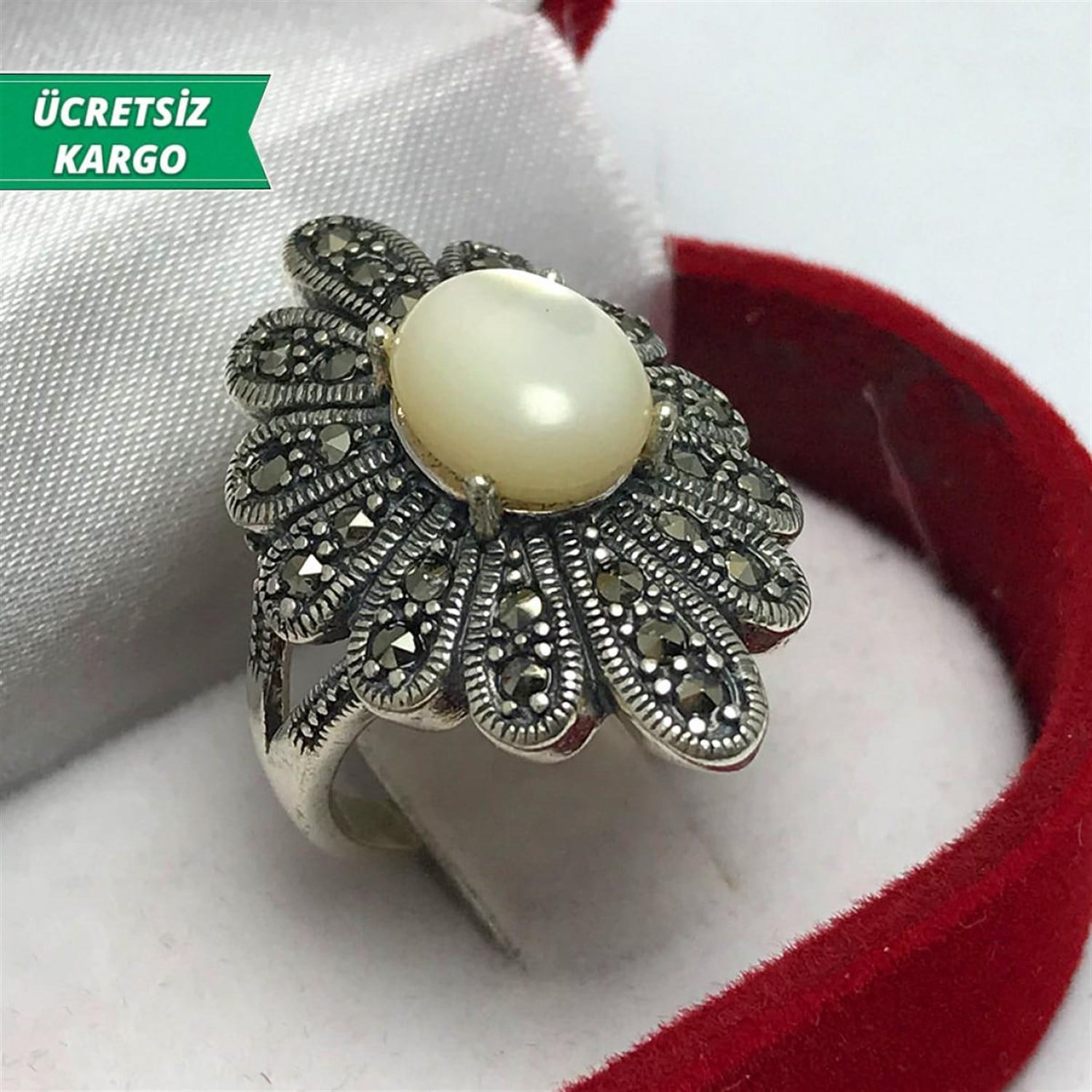 Sedef Taşlı Çiçek Model Markazit Bayan Gümüş Yüzük