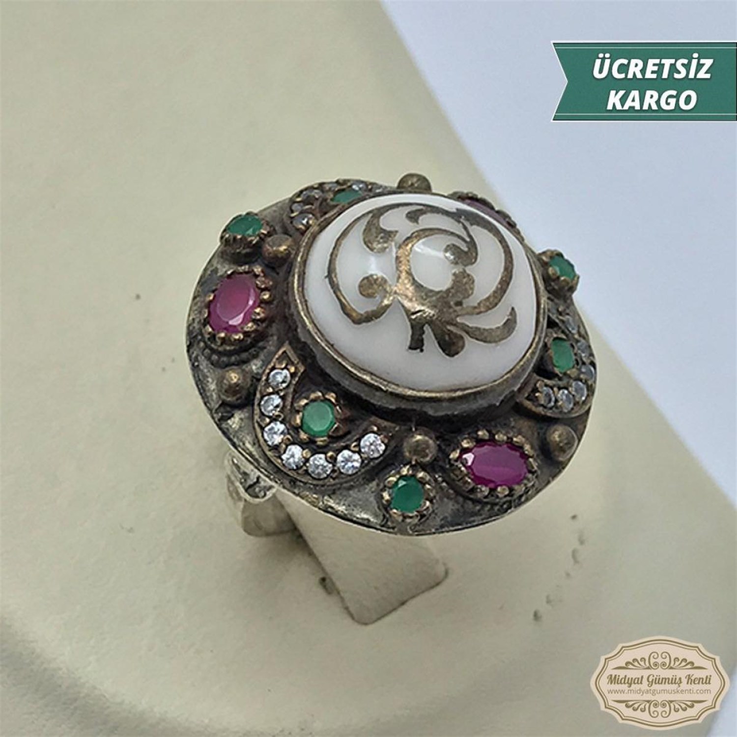 Sedef Taşlı Rose işleme Model 925 Ayar Otantik Bayan Gümüş Yüzük