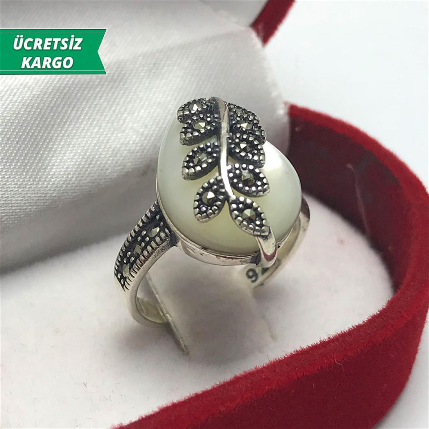 Sedef Taşlı Yapraklı Model Markazit Bayan Gümüş Yüzük
