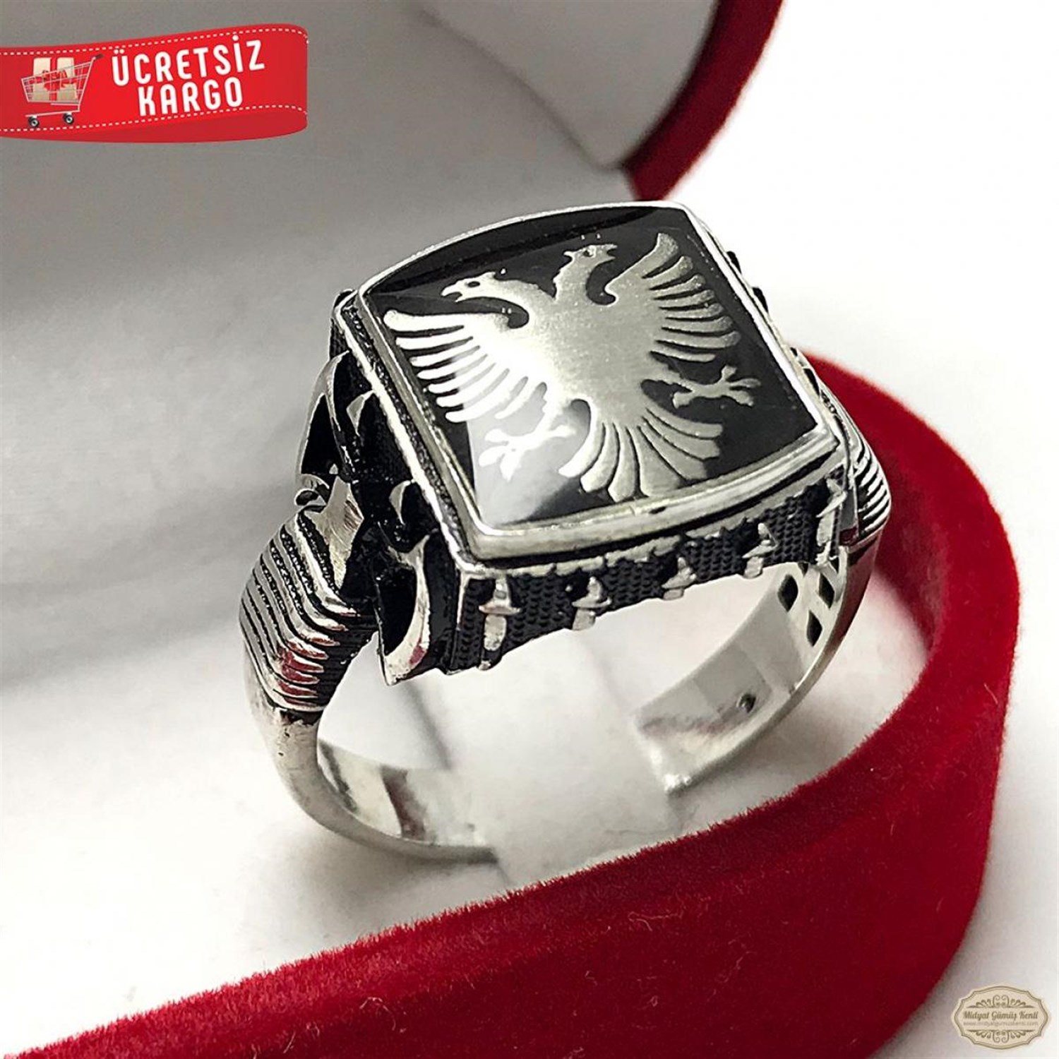 Selçuklu Kartalı işlemeli Siyah Mineli 925 Ayar Gümüş Erkek Yüzük