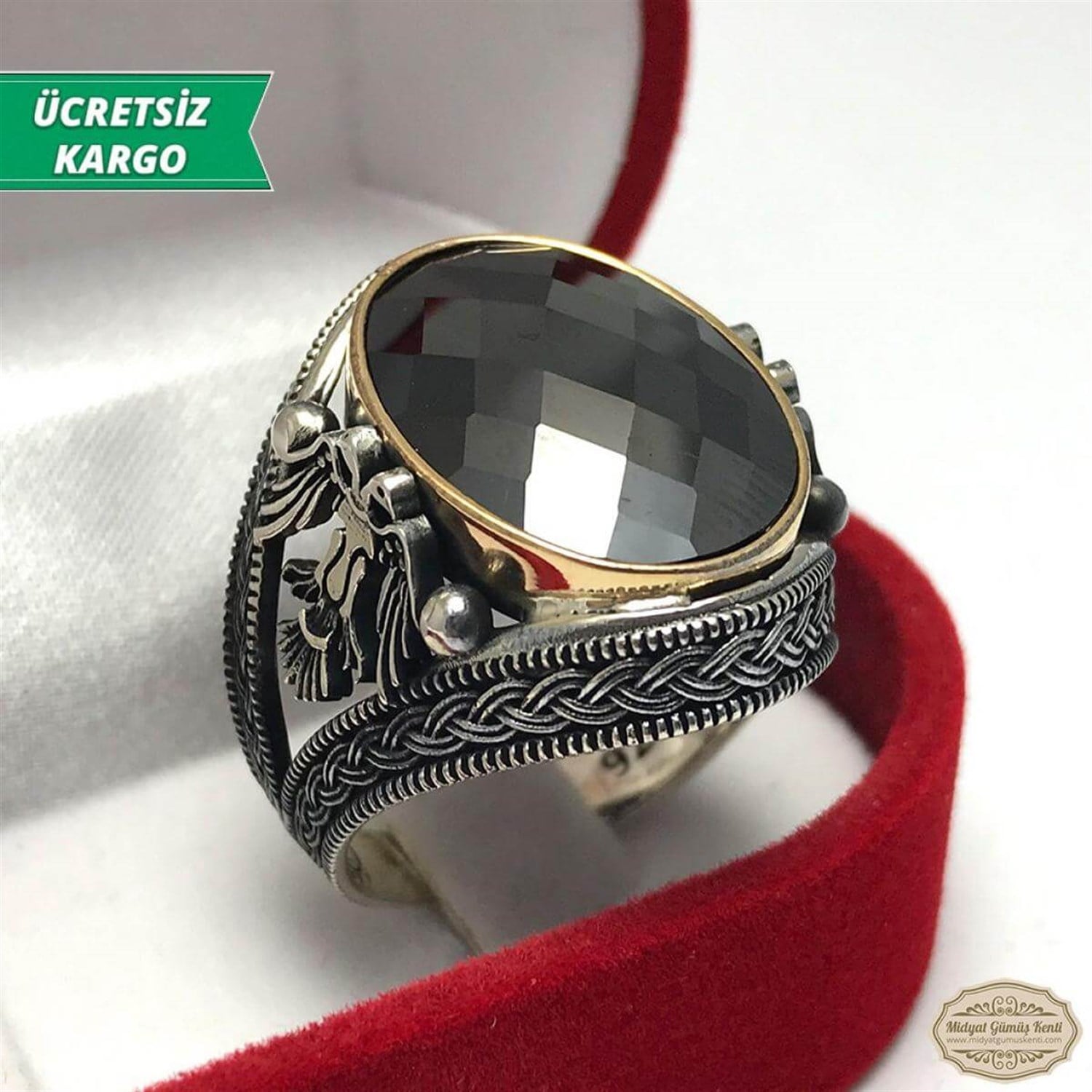 Selçuklu Kartallı Model Oniks Taşlı Erkek Gümüş Yüzük