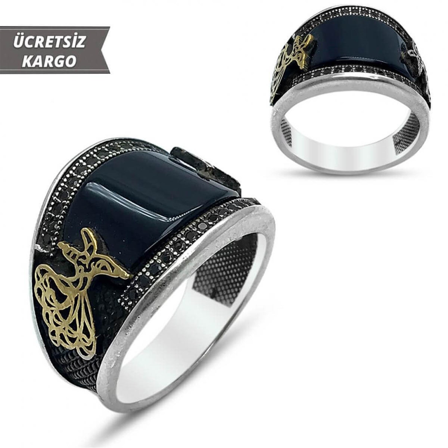 Semazen Model Oniks Taşlı Erkek Gümüş Yüzük
