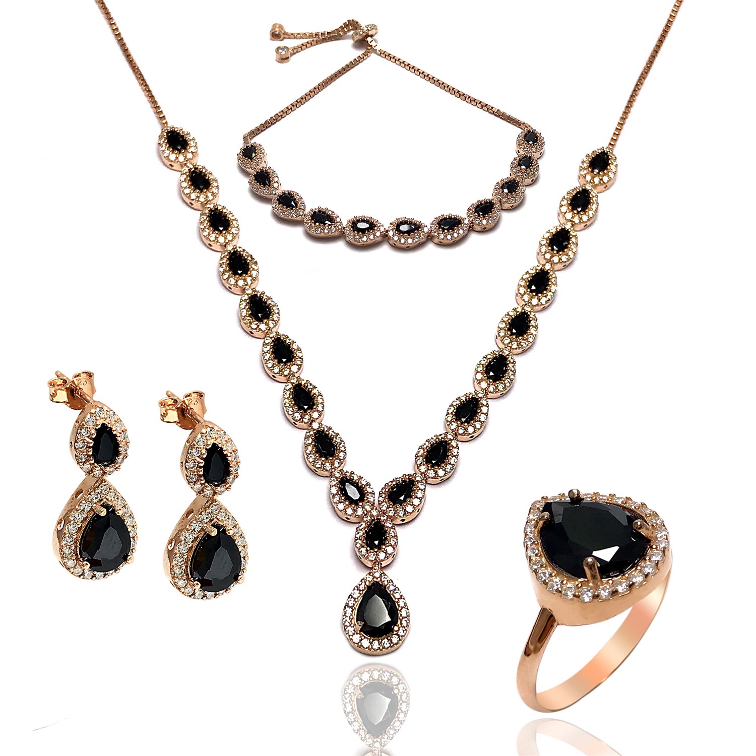 Siyah Zirkon Taşlı 925 Ayar Damla Rose Model Bayan Gümüş Set