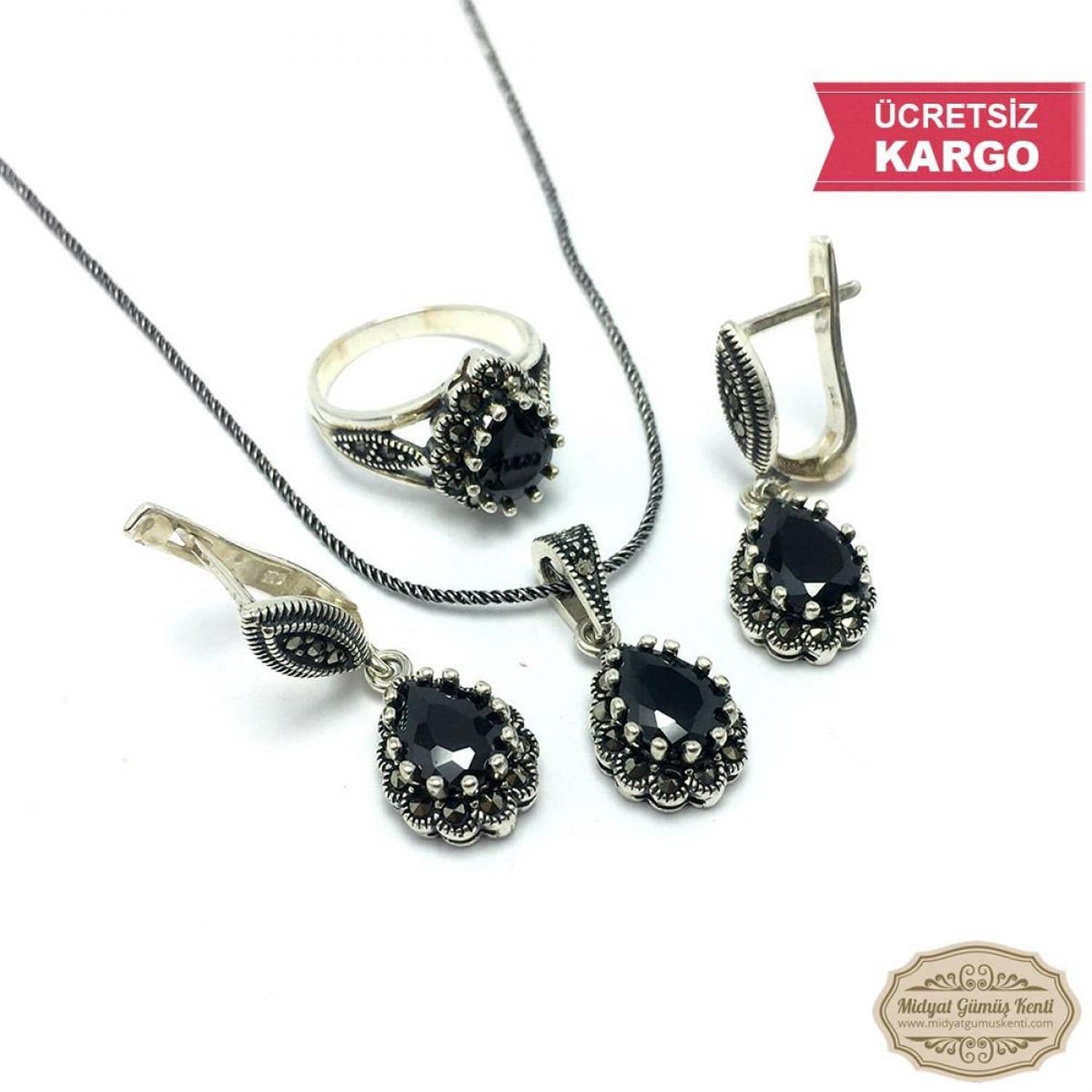 Siyah Zirkon ve Markazit Taşlı Çiçek Model Markazit Gümüş Üçlü Set