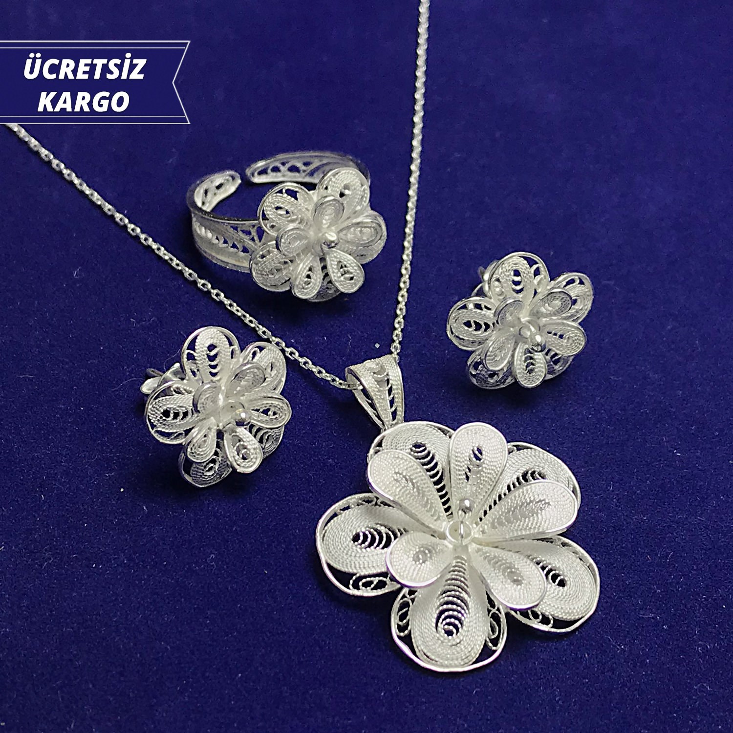 Sümbül Model 925 Ayar Telkari Bayan Gümüş Üçlü Set