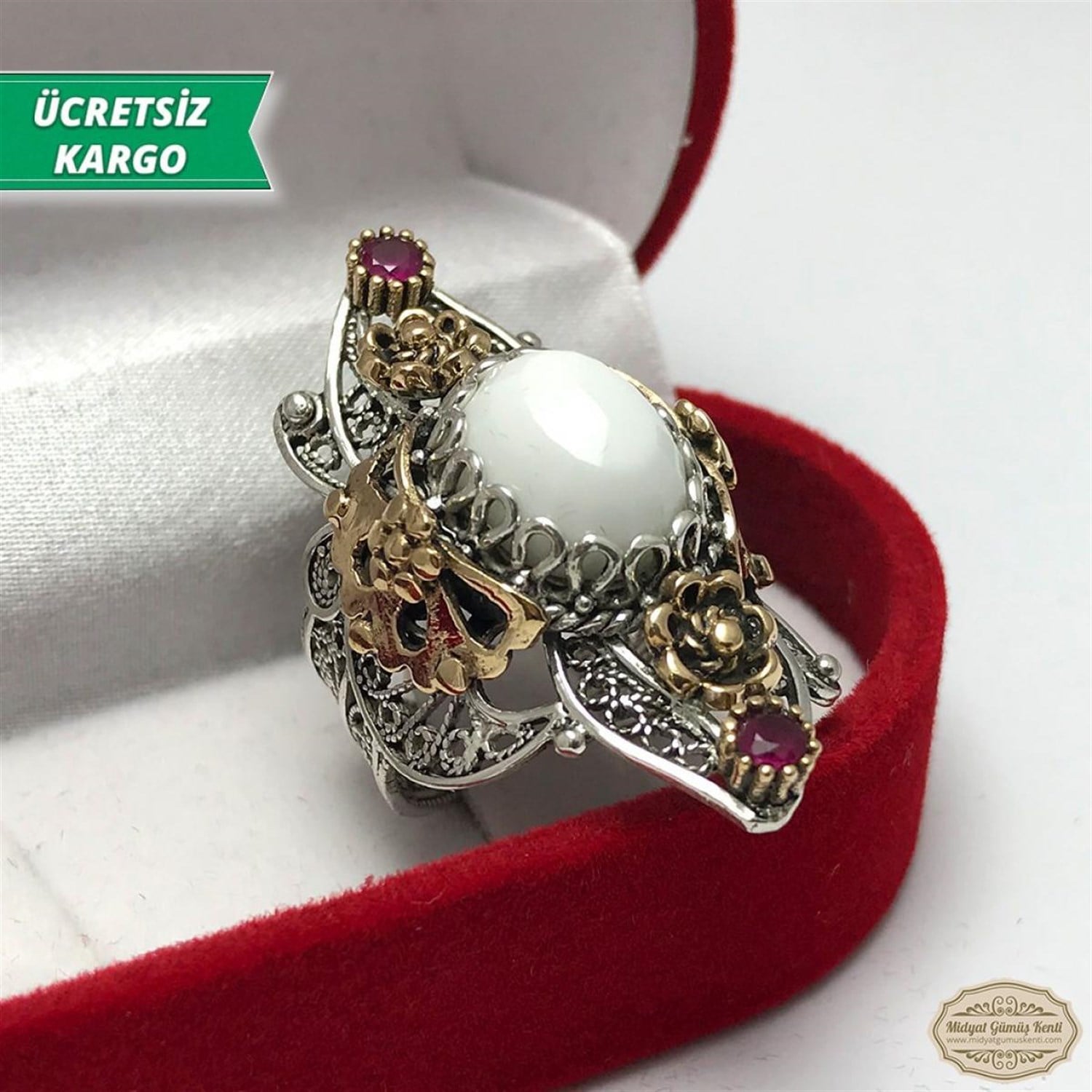 Süt Taşlı Çiçek Model Midyat Telkari Bayan Gümüş Yüzük