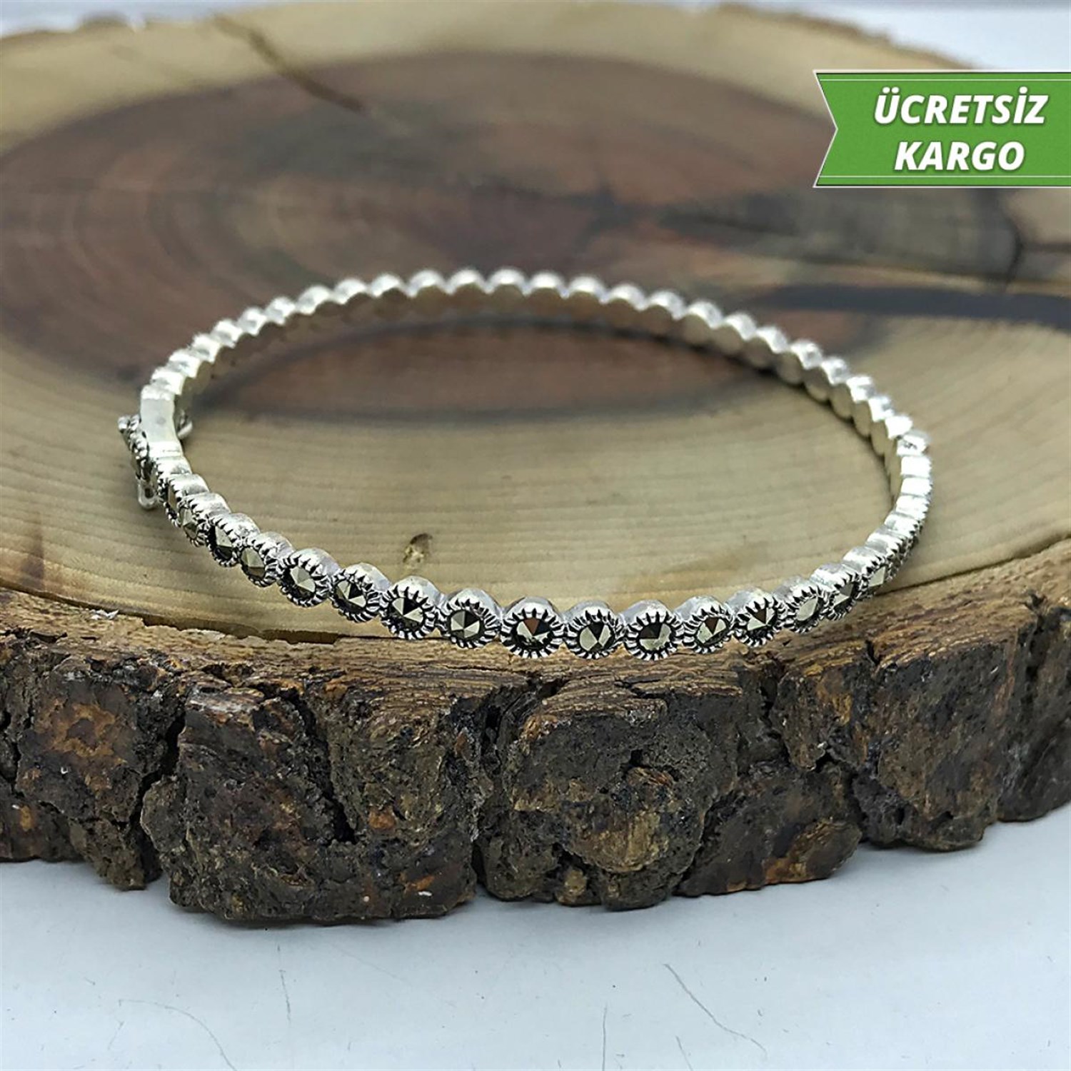 Taş Dizimli Model Markazit Midyat Bayan Gümüş Bilezik