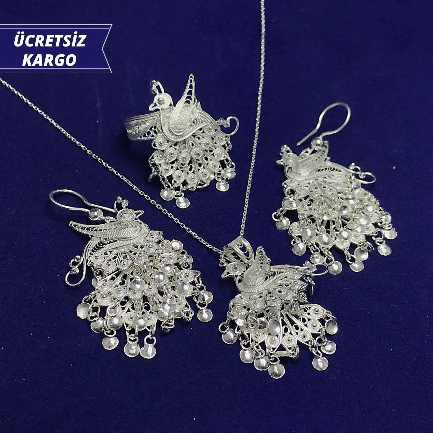 Tavus Kuşu Model 925 Ayar Telkari Bayan Gümüş Üçlü Set