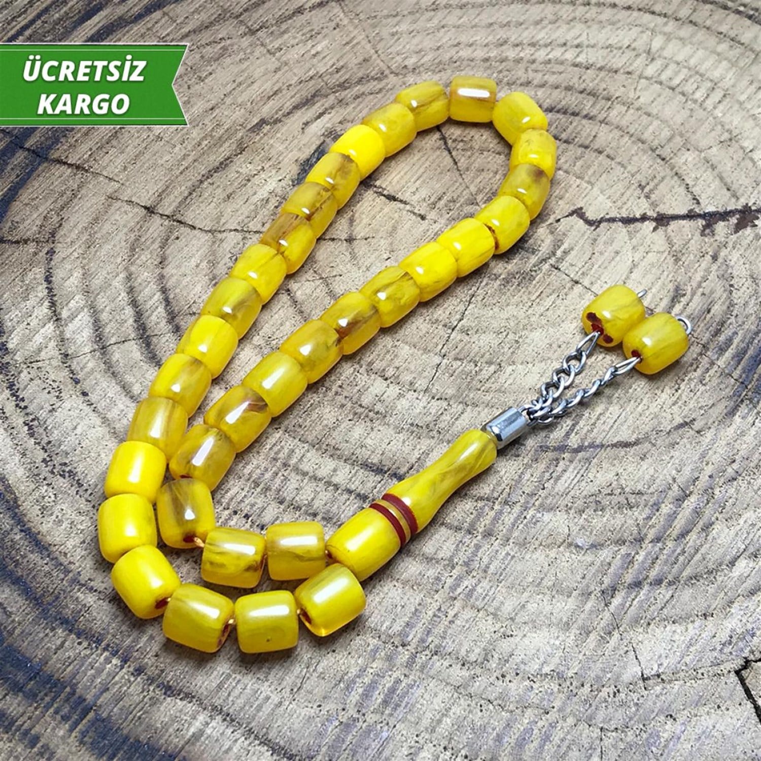 Tekerlek Kesim Sarı Renkte Toz Kehribar Tesbih