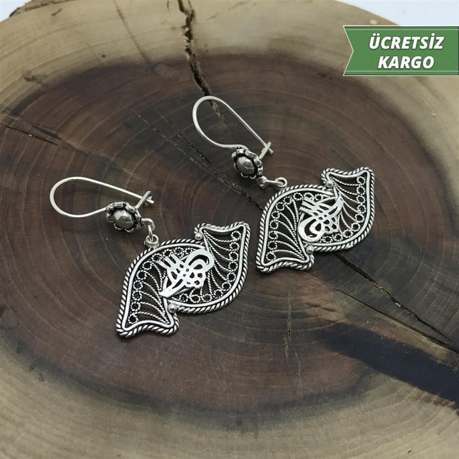 Tuğra İşlemeli Midyat Yöresel Oksitli Telkari Gümüş Küpe