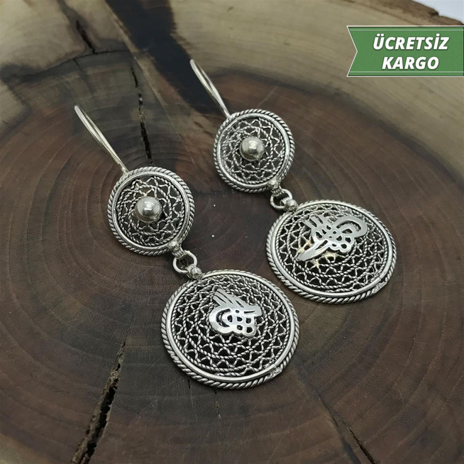 Tuğralı Model Midyat Yöresel Oksitli Telkari Gümüş Küpe