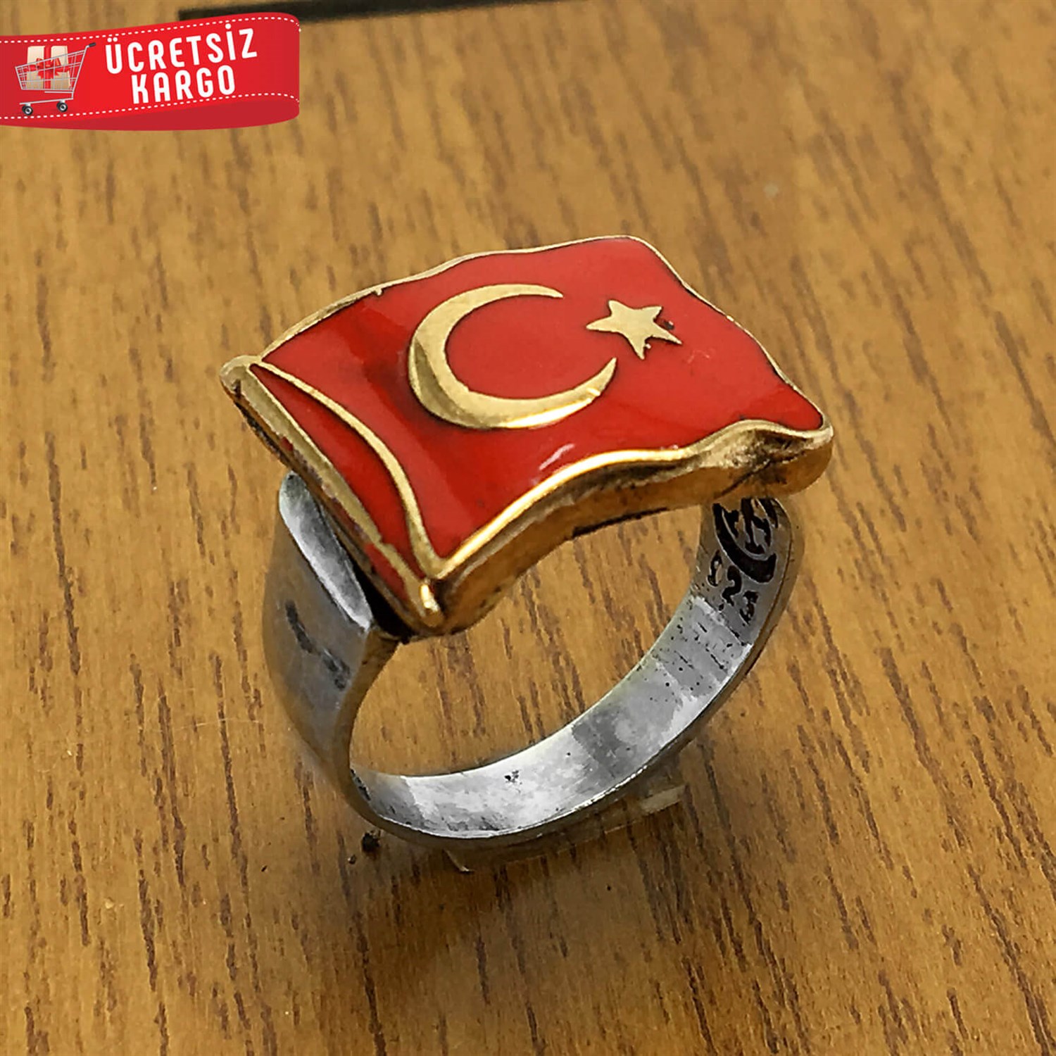 Türk Bayrağı Tasarım 925 Ayar Erkek Gümüş Yüzük