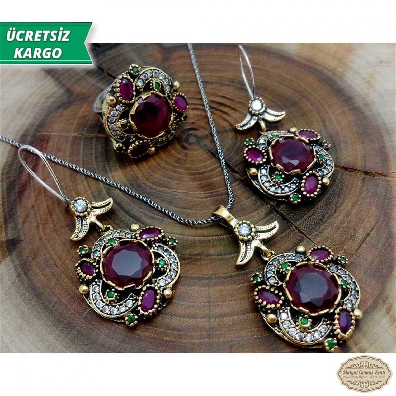 Yakut Taşlı Lale Model Bayan Otantik Gümüş Takı Seti