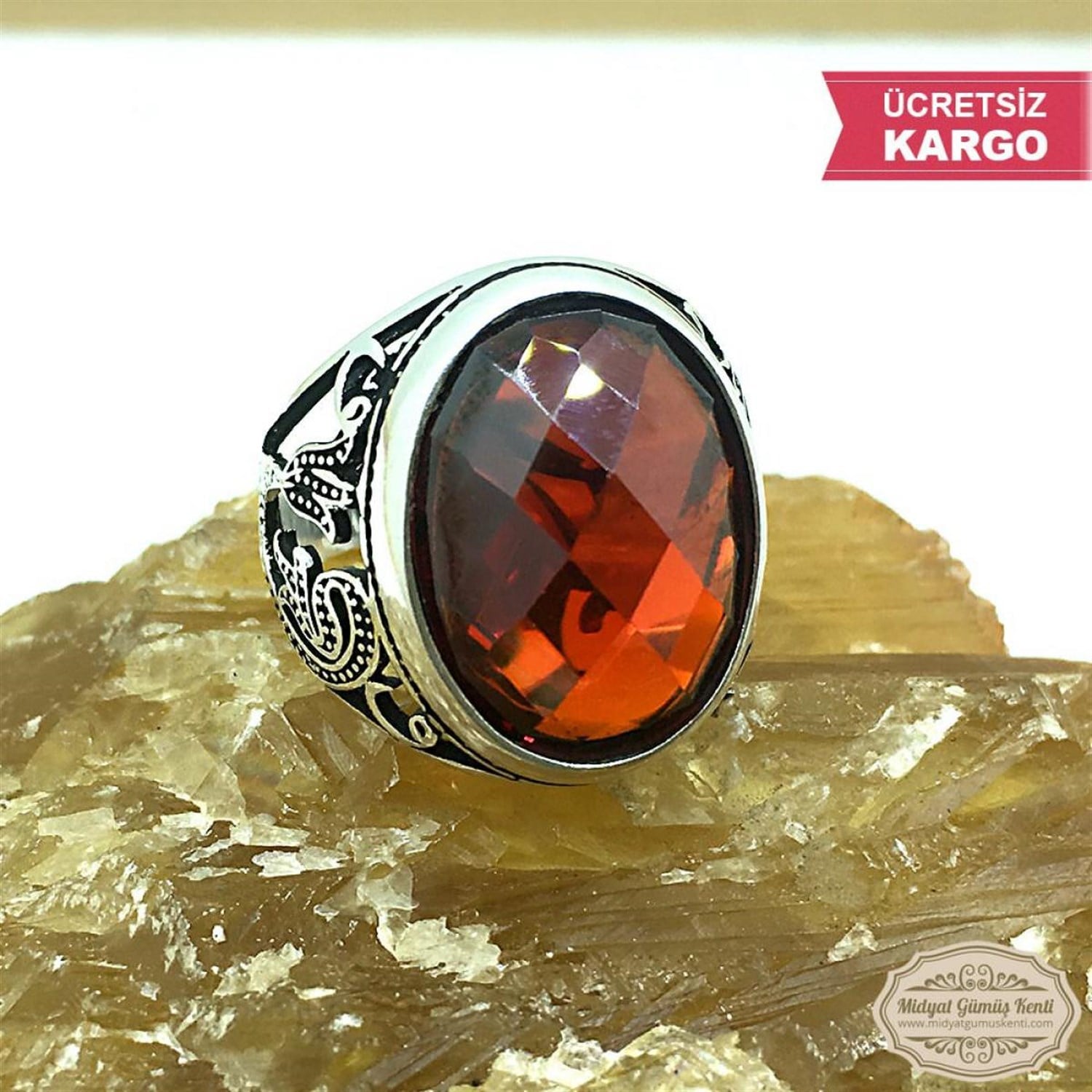 Yakut Taşlı Laleli VAV Model 925 Erkek Gümüş Yüzük