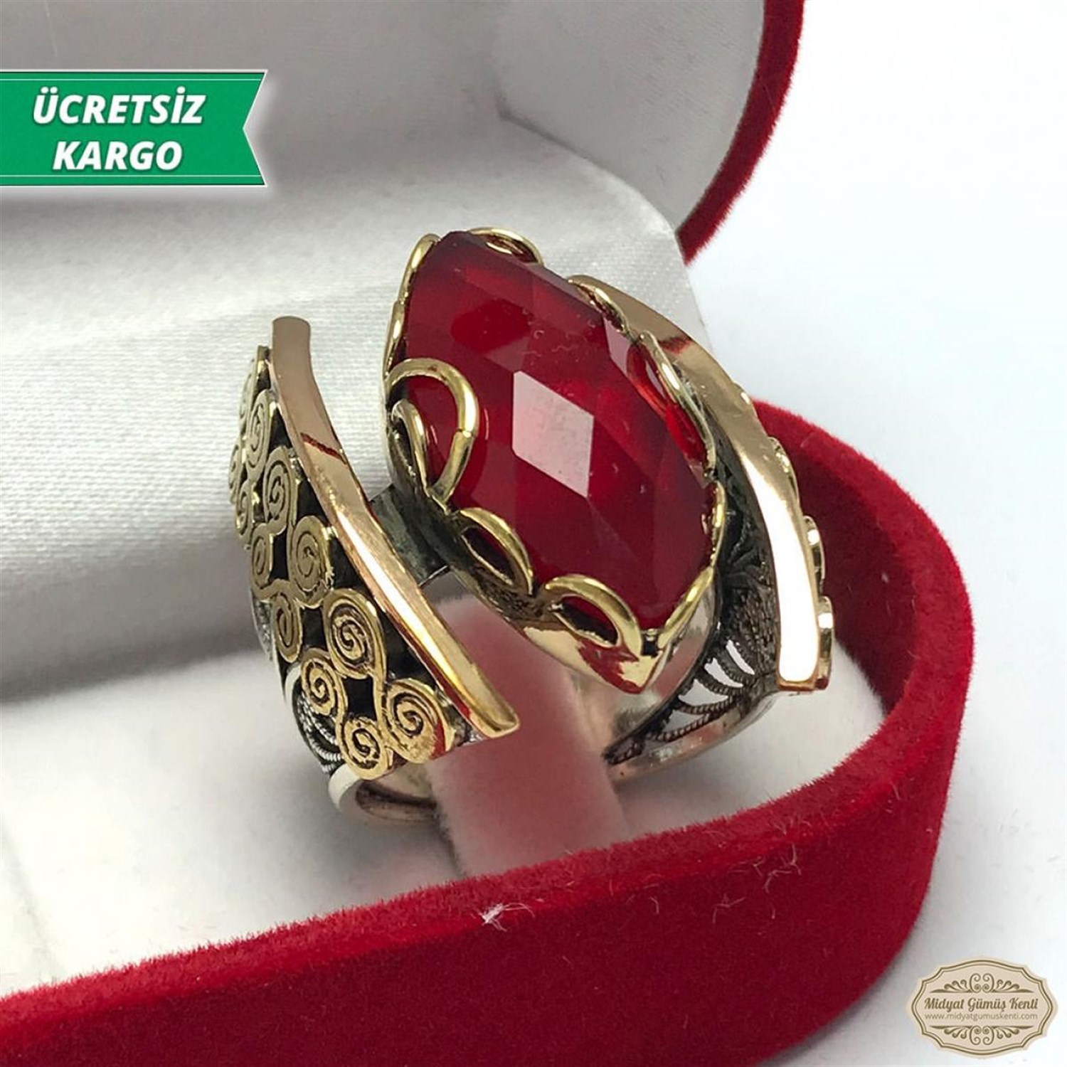 Yakut Taşlı Midyat Telkari Bayan Gümüş Yüzük