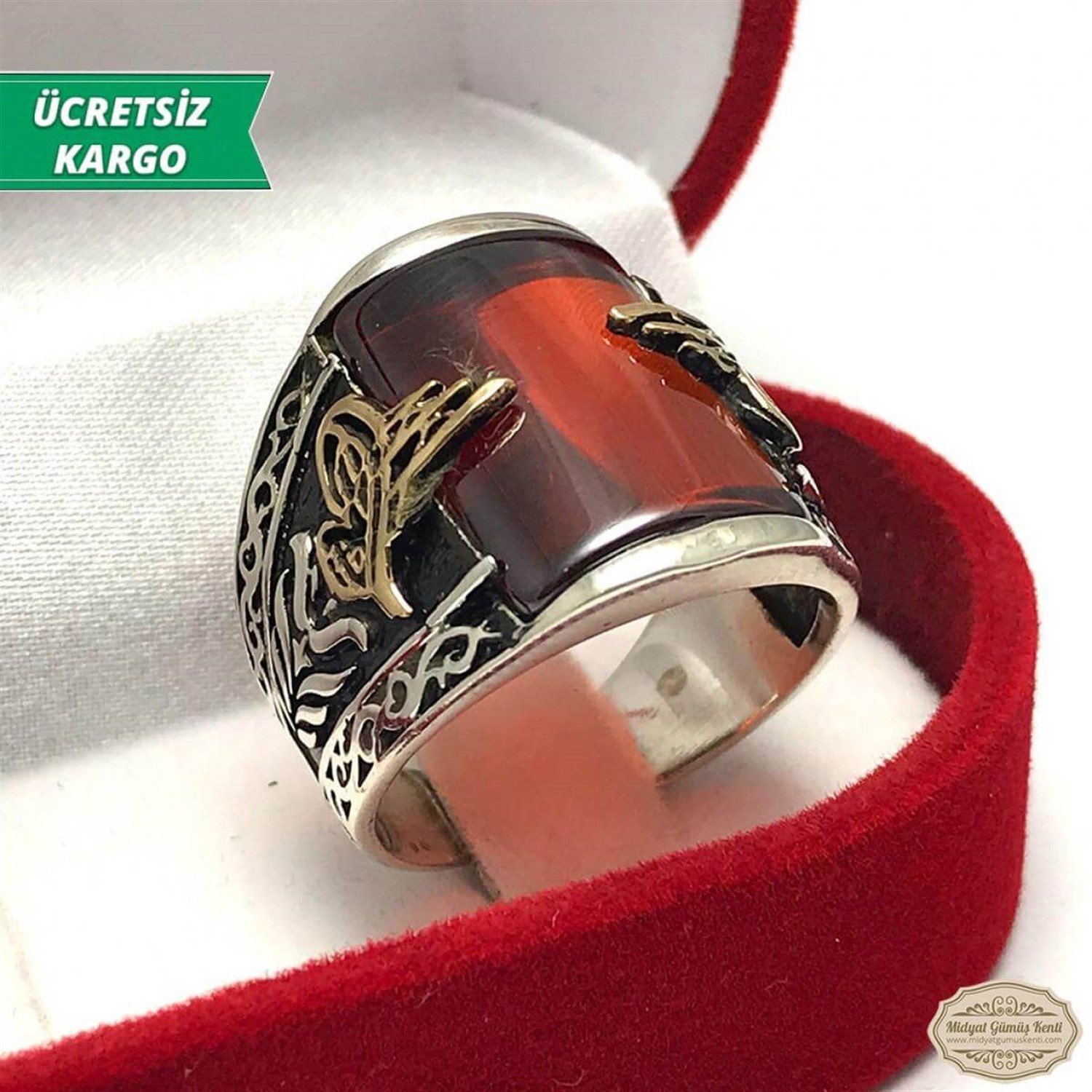 Yakut Taşlı Osmanlı Tuğralı Model Erkek Gümüş Yüzük