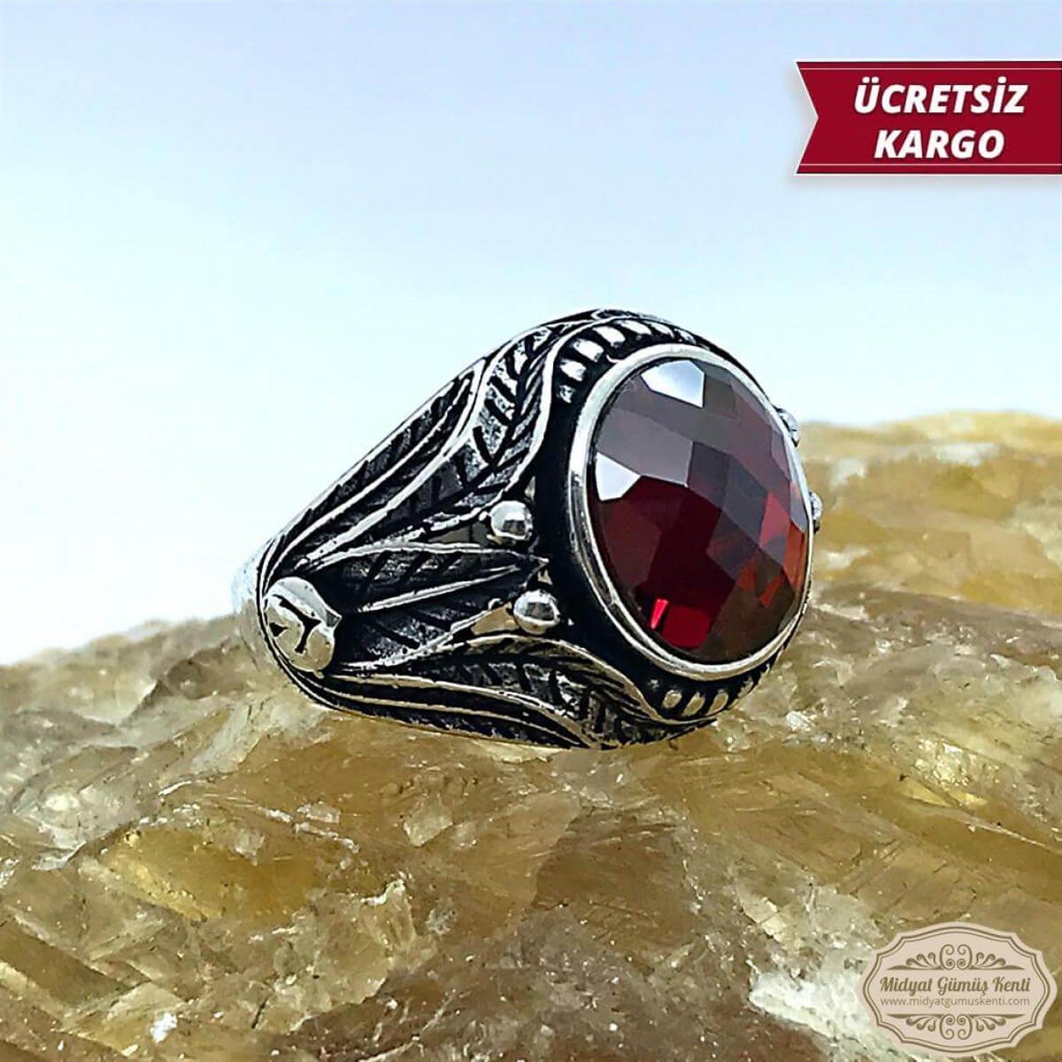 Yakut Taşlı Sarmaşık işleme Model 925 Ayar Erkek Gümüş Yüzük