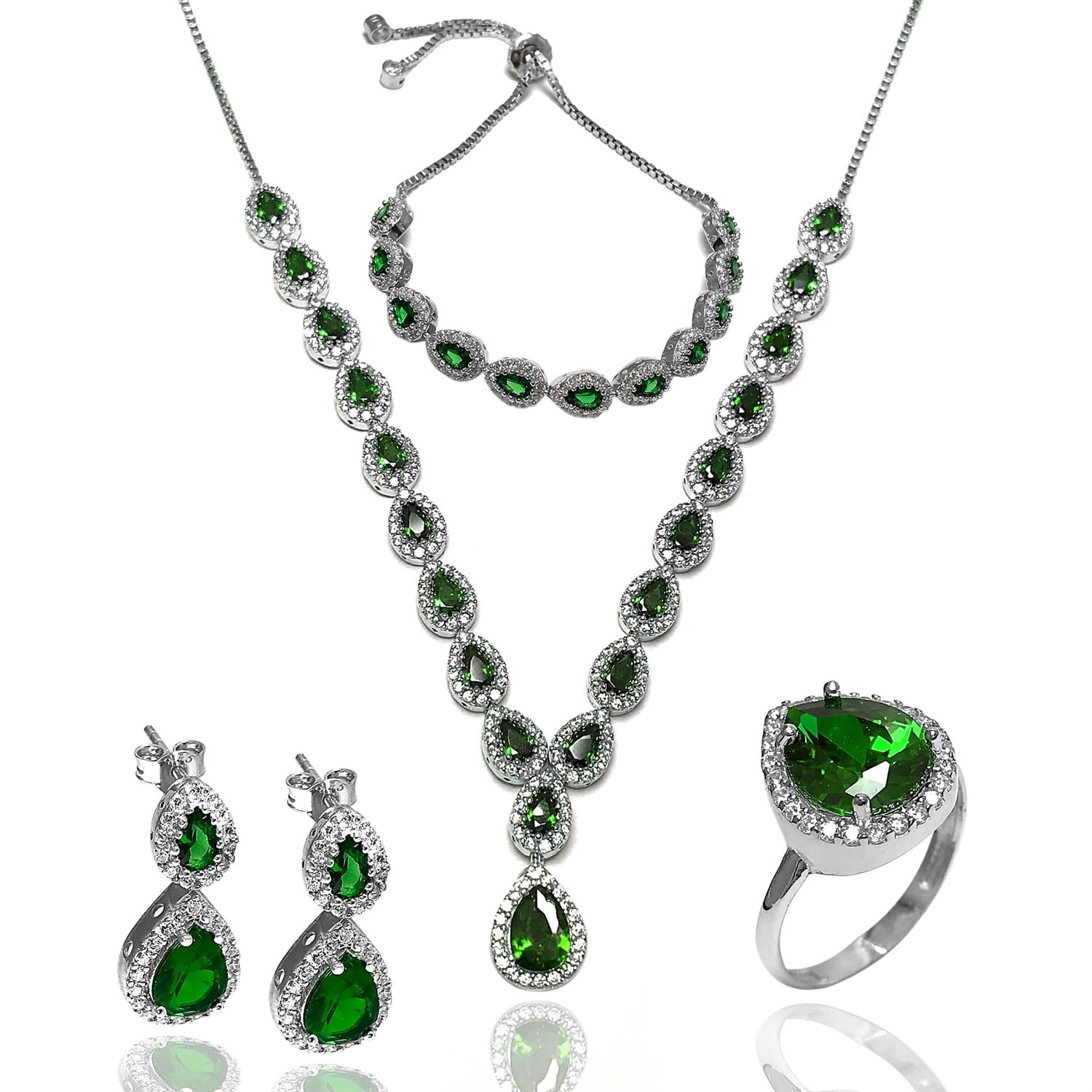 Yeşil Zirkon Taşlı 925 Ayar Damla Model Bayan Gümüş Set