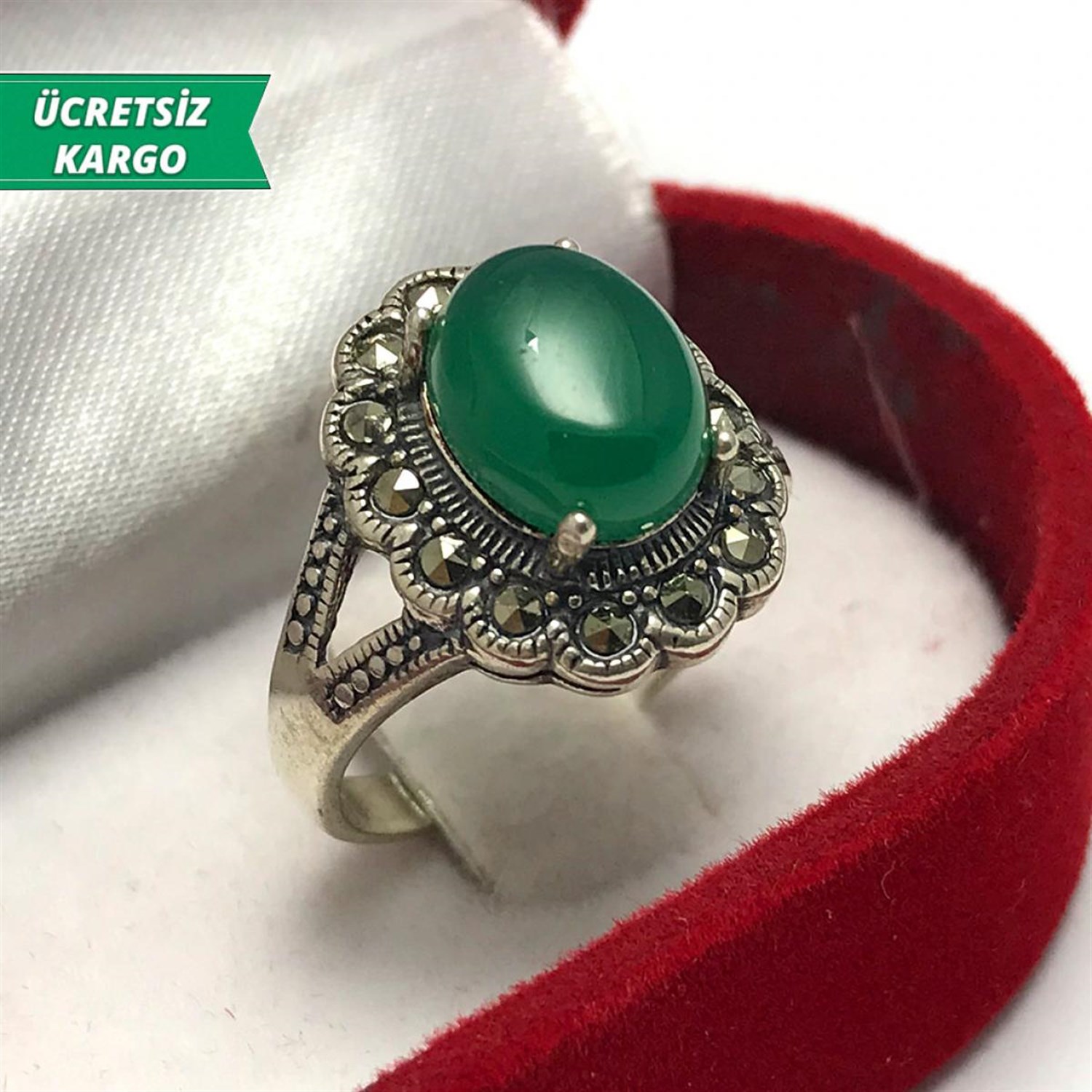 Yeşim Taşlı Yaprak Model Markazit Bayan Gümüş Yüzük