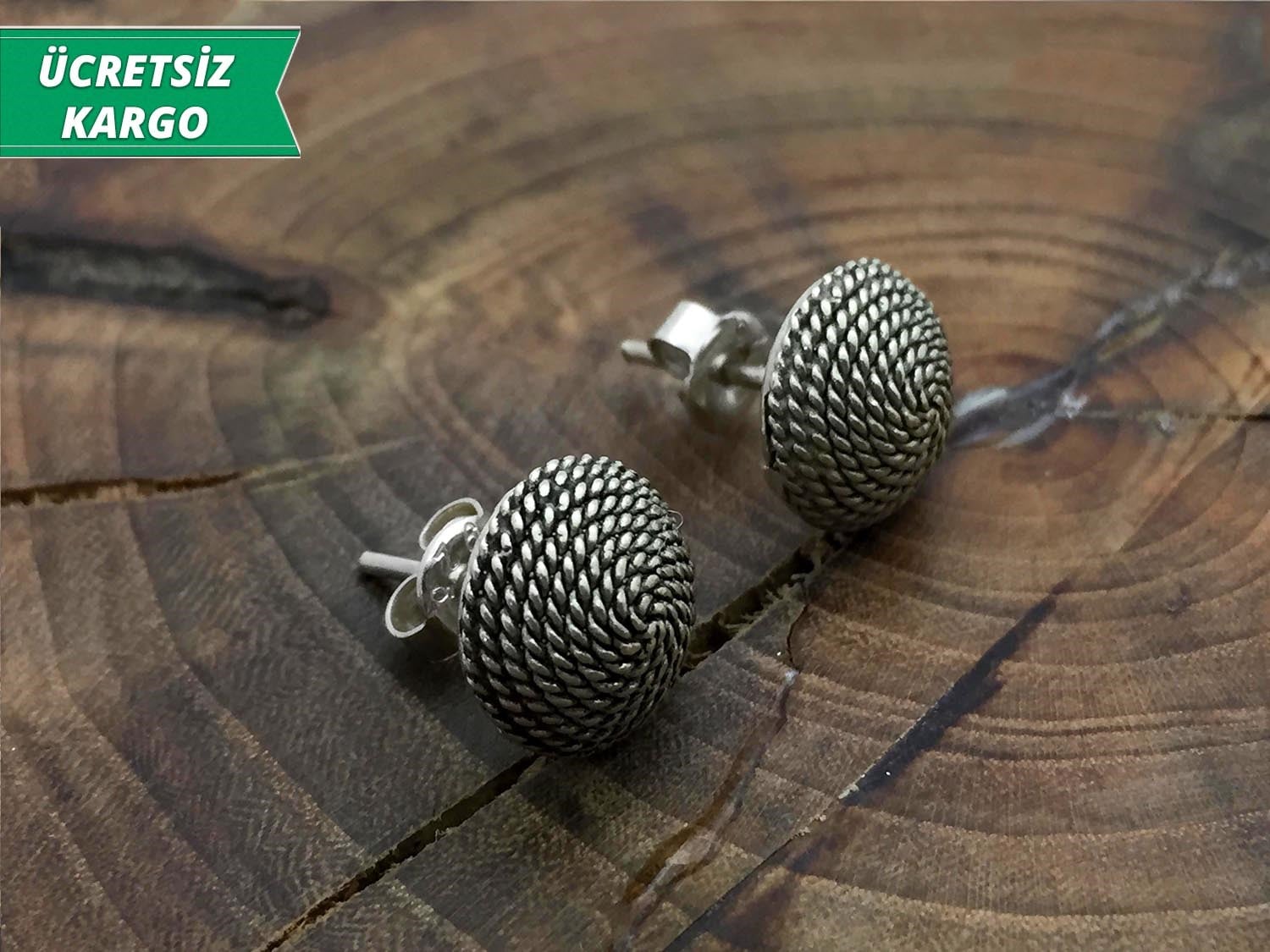 Yuvarlak Hasır İşleme Model 925 Ayar Gümüş Bayan Otantik Küpe