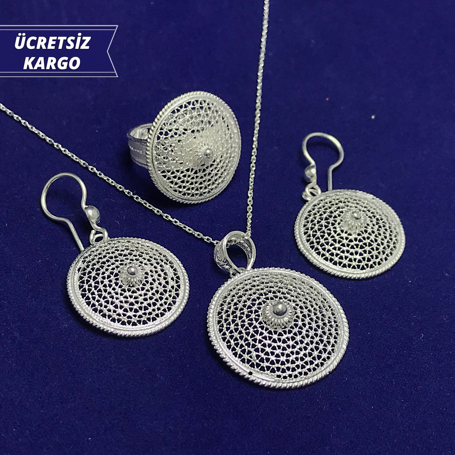 Yuvarlak Model 925 Ayar Telkari Bayan Gümüş Üçlü Set