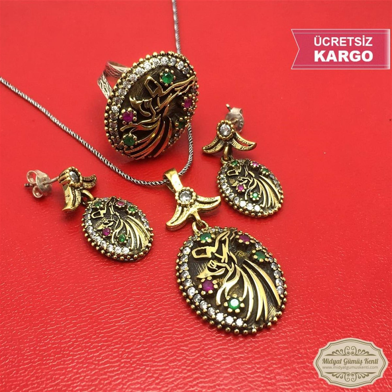 Zirkon Taşlı Semazen Model Bayan Otantik Gümüş Üçlü Set