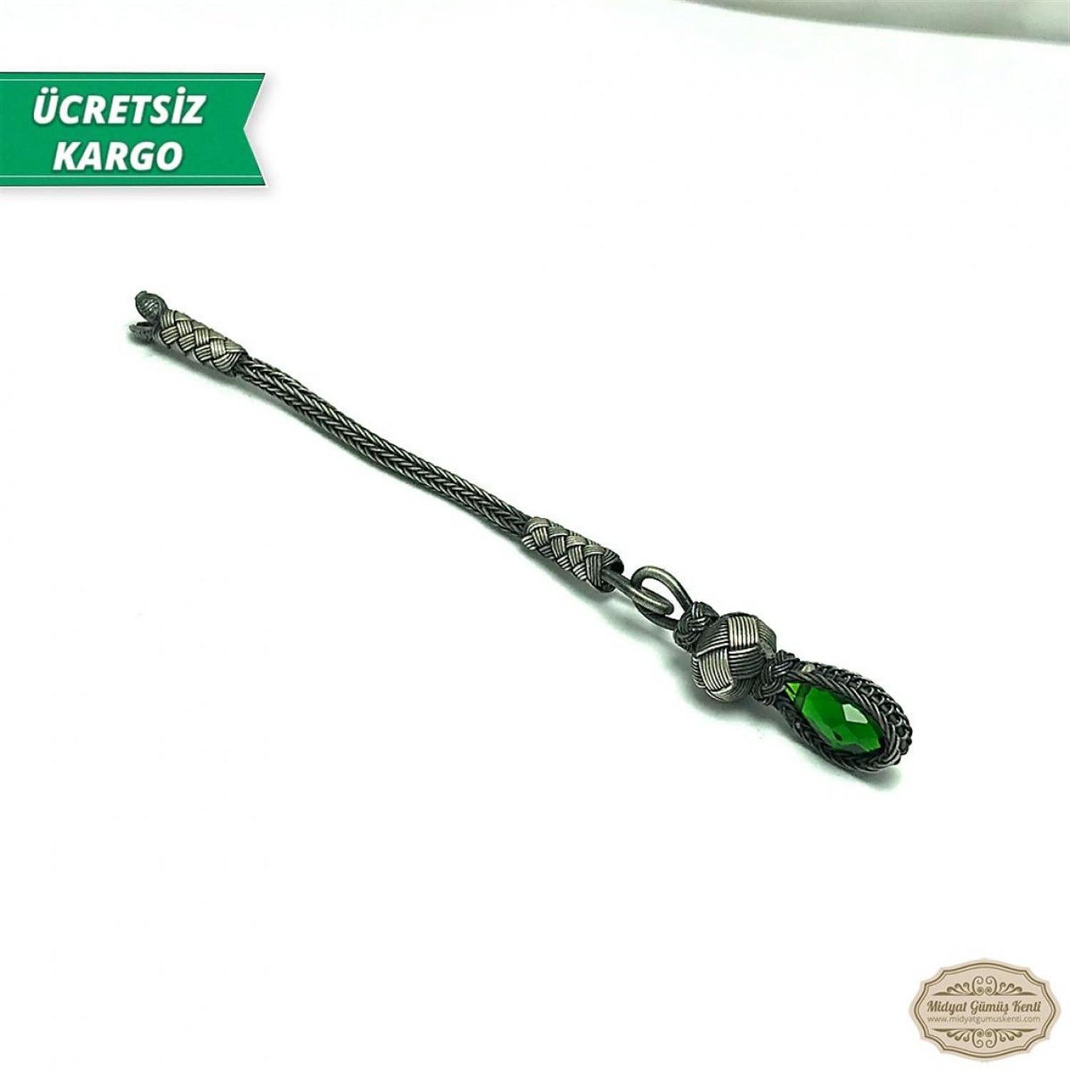 Zümrüt Taşlı 1000 Ayar Kazaziye Gümüş Tespih Püskülü