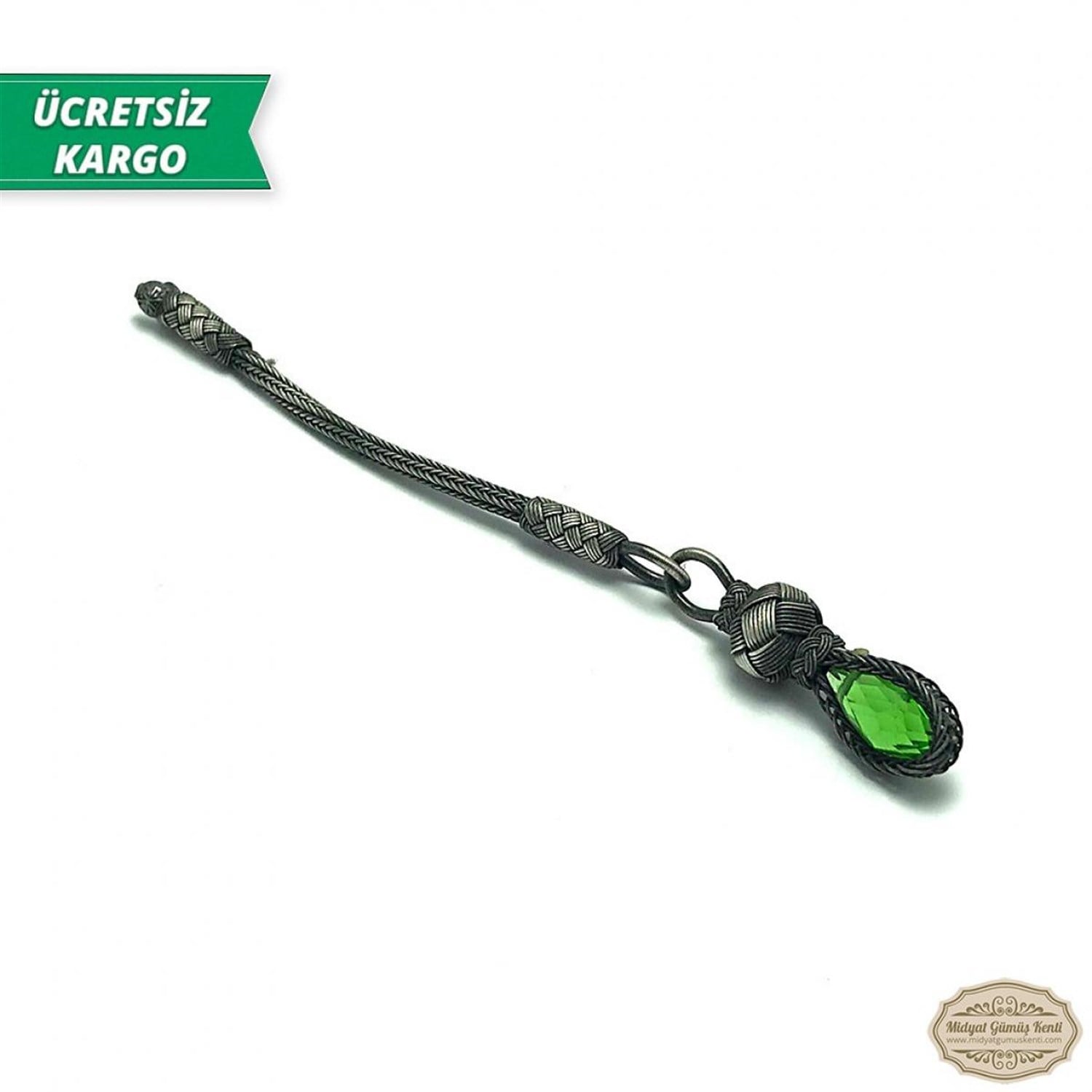 Zümrüt Taşlı 1000 Ayar Kazaziye Gümüş Tespih Püskülü