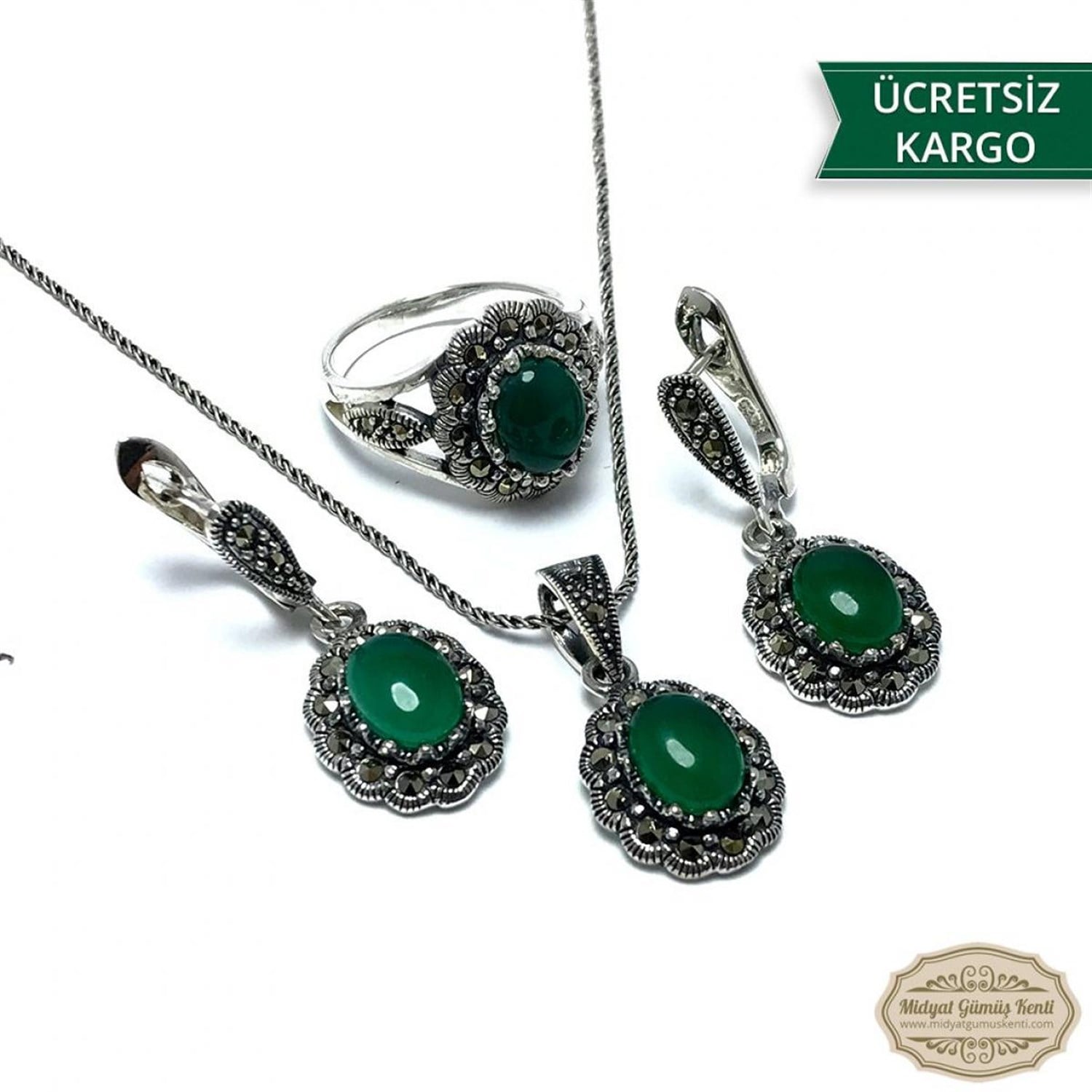 Zümrüt Taşlı Elips Model Markazit Gümüş Üçlü Set